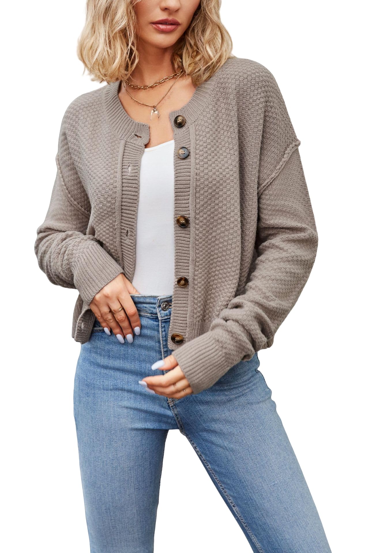 Cardigan Mujer,Cárdigans para Mujer Suéteres Cortos Abiertos con Botones Suéteres Holgados De Manga Larga De Gran Tamaño Chaquetas Casuales Lisas Ropa De Abrigo De Transición.
