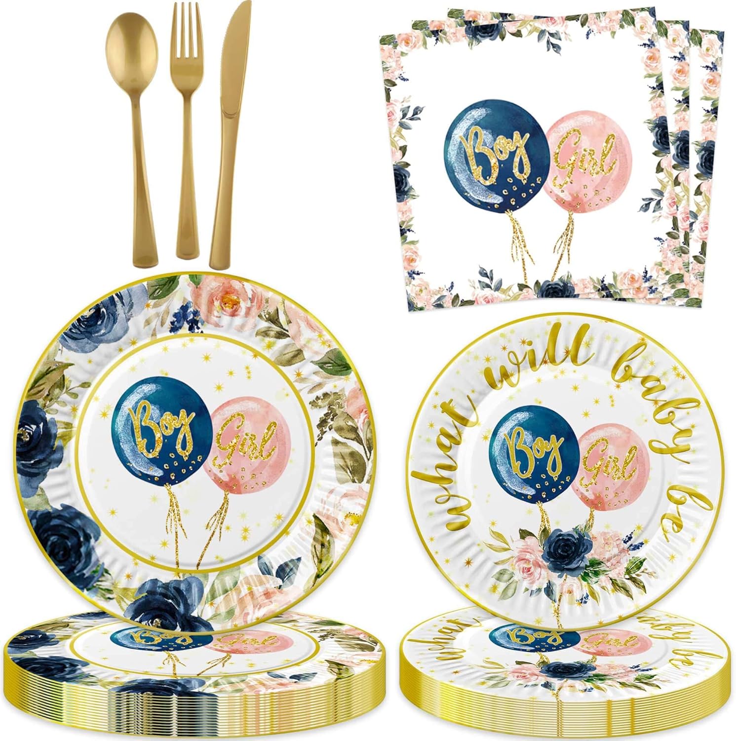 100 Pcs Baby Gender Reveal Decorations Boy or Girl Gender Reveal Party Tableware Includes Plates, Forks, Napkins for Baby Shower Reveal Party Supplies Decorations Favors