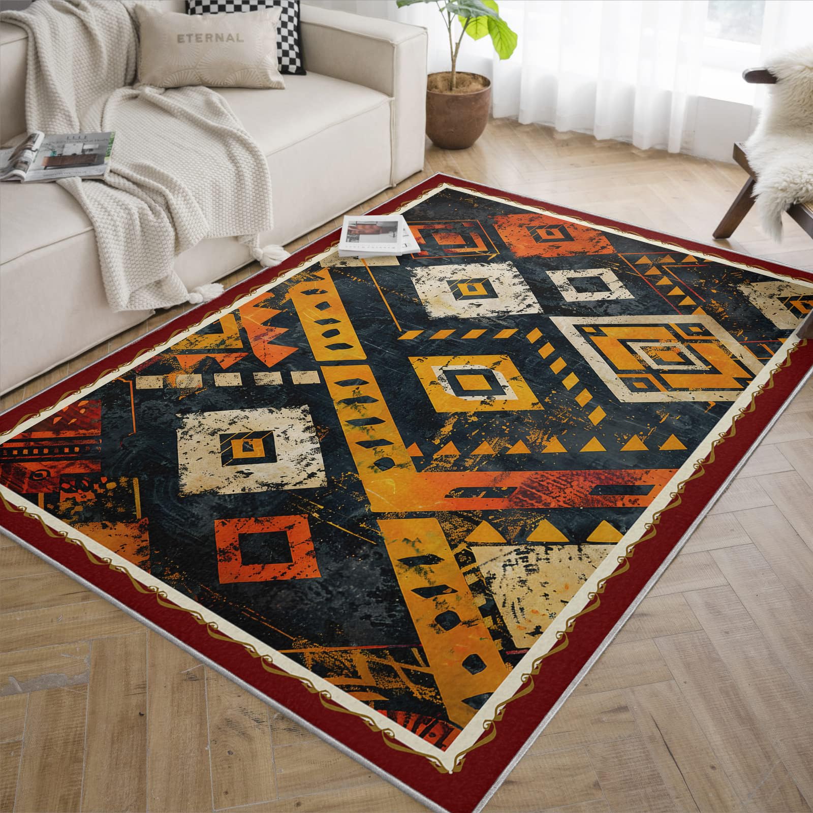 Tappeto tribale nativo americano colorato geometrico azteco retrò tappeto invecchiato lavabile antiscivolo e morbido tappeti di grandi dimensioni per l'arredamento casa dell'ufficio 100x150cm