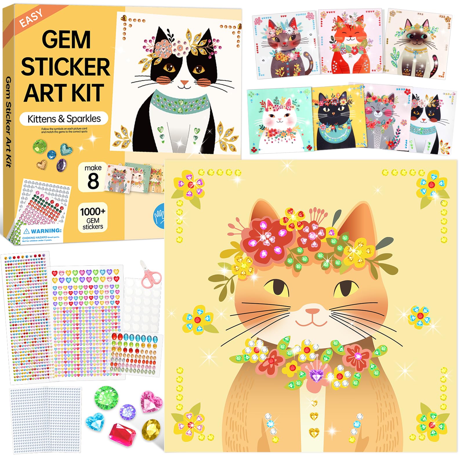 Gem Art Sticker Kit,Diamond Art Sticker Crafts for Kids Ages 4-12 | 8 Cat Themes, 1000+ G…