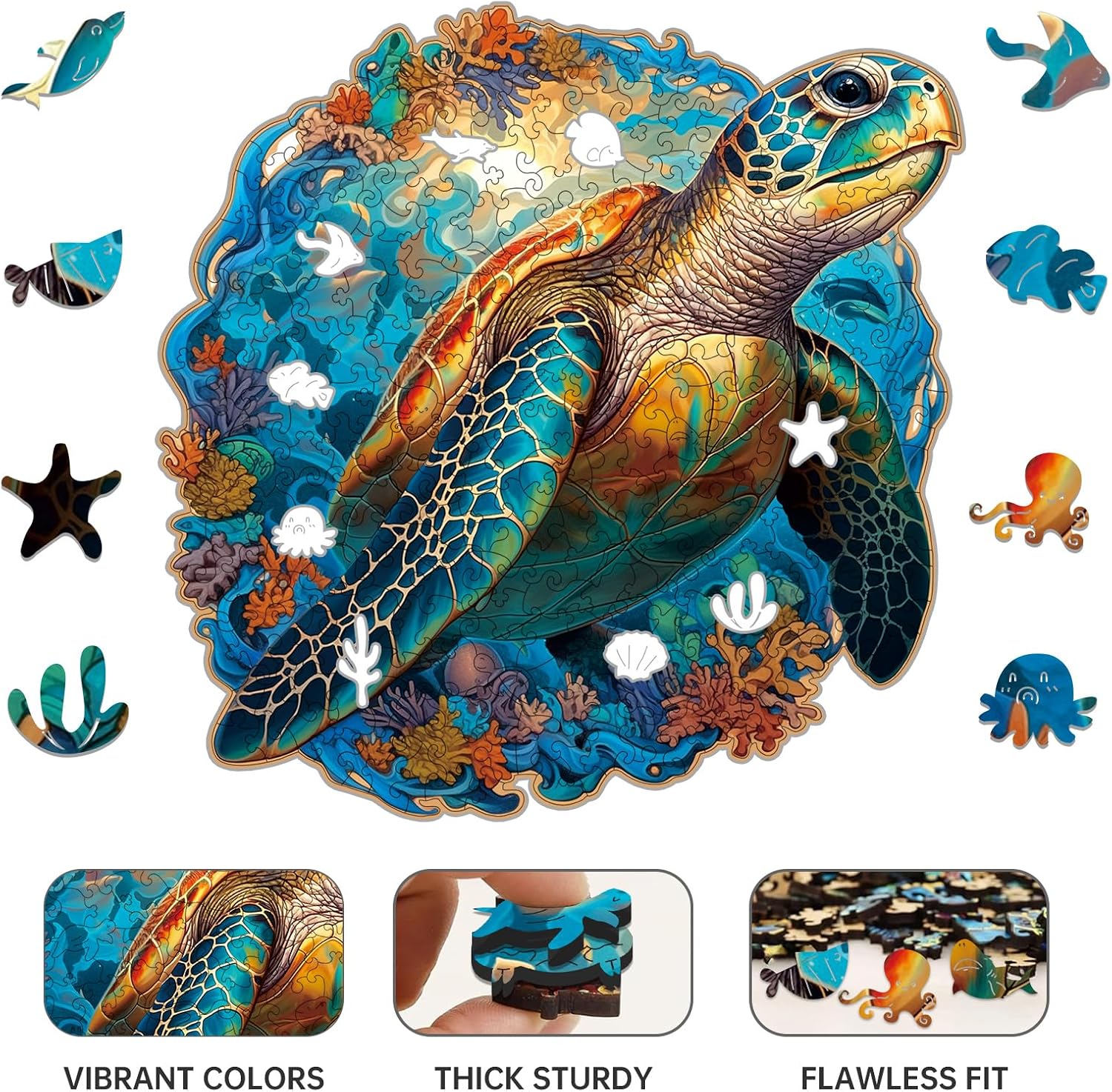 Wooden Puzzle,Coral Sea Turtle Jigsaw Puzzles 300 Piece,Fun Challenging Puzzles Family Game Gift,Unique Shape Puzzles for Adults 14.9 x 14.9 Inch image 3