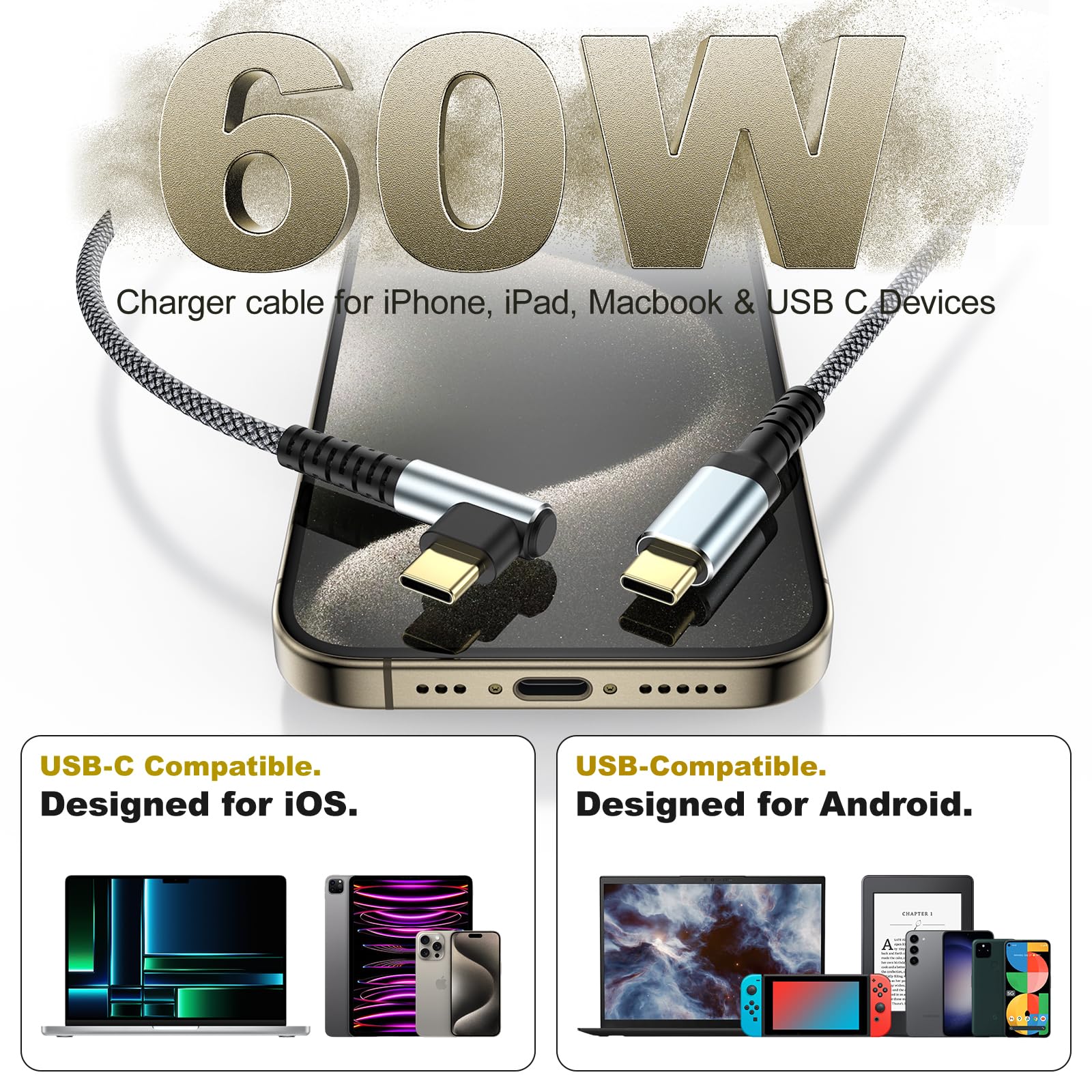 Confezione da 3 cavi da USB C a USB C da 60 W, cavo di ricarica rapida intrecciato da tipo C a tipo C, cavo di ricarica ad angolo retto da USB C a USBC per iPhone 17, 16, 15 Pro Max Plus, Galaxy S25