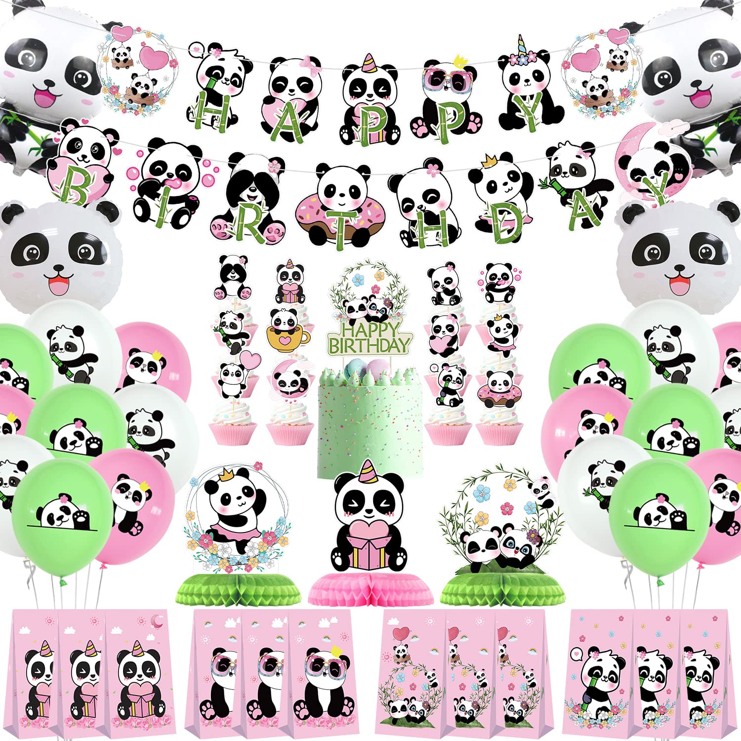 KEFAN Panda Birthday Party Decorations for Girls, Cute Pink Panda Party Supplies including Banner, Cake Toppers, Table Centerpieces, Candy Bags, Balloons