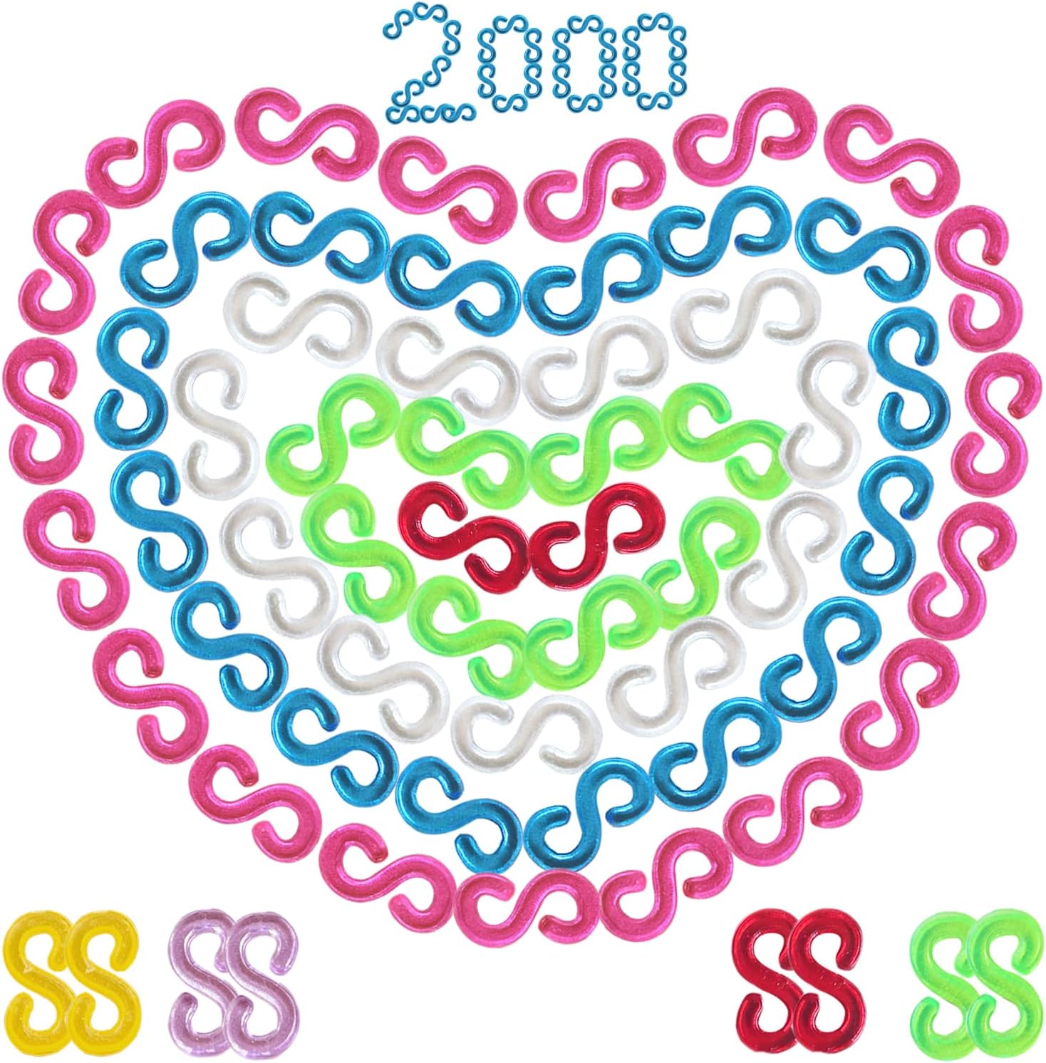 Zliger Telar S Clips Loom Bands Conexión S-Clips Ganchos Clip S Plástico Telar Band Kit de Pulseras de Goma para Pulseras de la Joyería Que Hace la Accesorios Herramienta (1000 Blanco+1000 Vistoso)