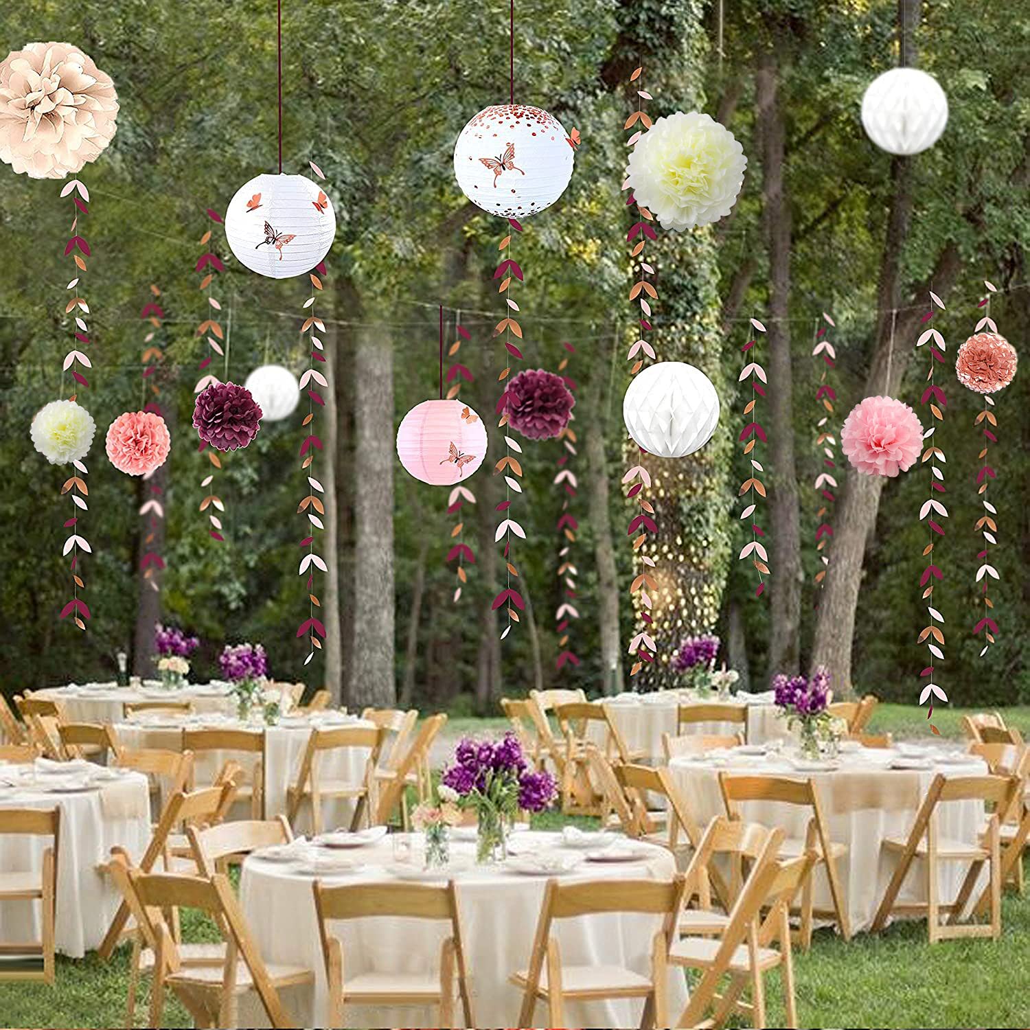 Lot De 12 Pompons Papier De Soie Or Rose - Décoration Suspendue Plafond Pour Mariage, Fête Et Baptême