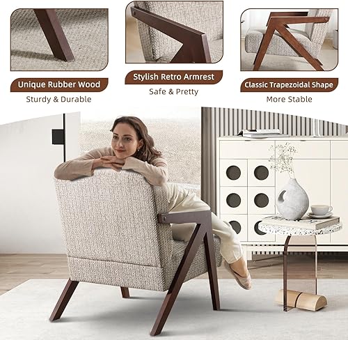 Miniatura 38 de INZOY Silla moderna de mediados de siglo con marco de madera, sillón tapizado con cojín de cintura, silla decorativa para sala de estar, dormitorio,