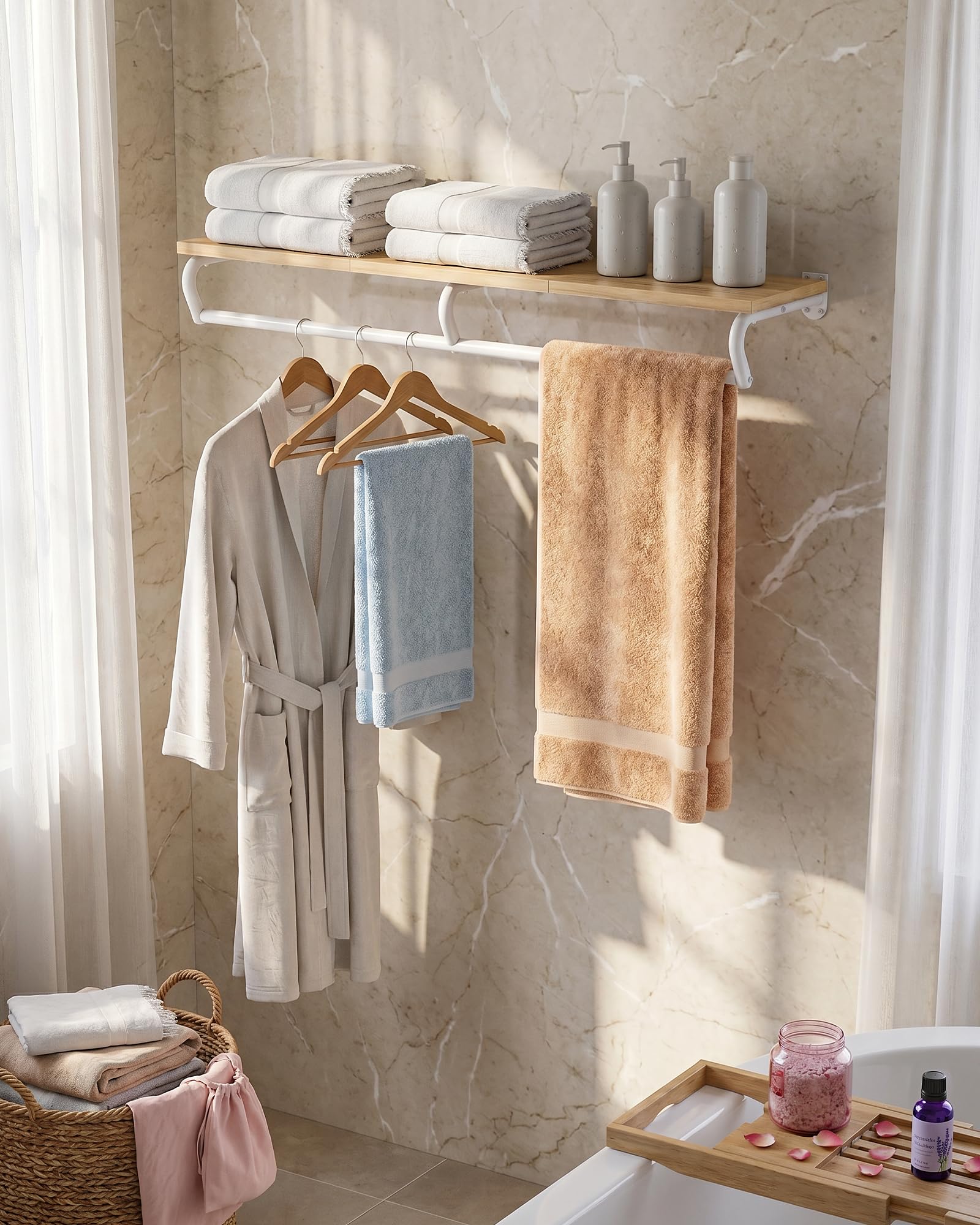 CHOEZON Perchero de Pared, Estantería de Baño con Barra para Colgar Ropa, Perchero de Pasillo, Colgador de Pared para Dormitorio, Pasillo y Lavadero, Natural y Blanco DTYM02NW