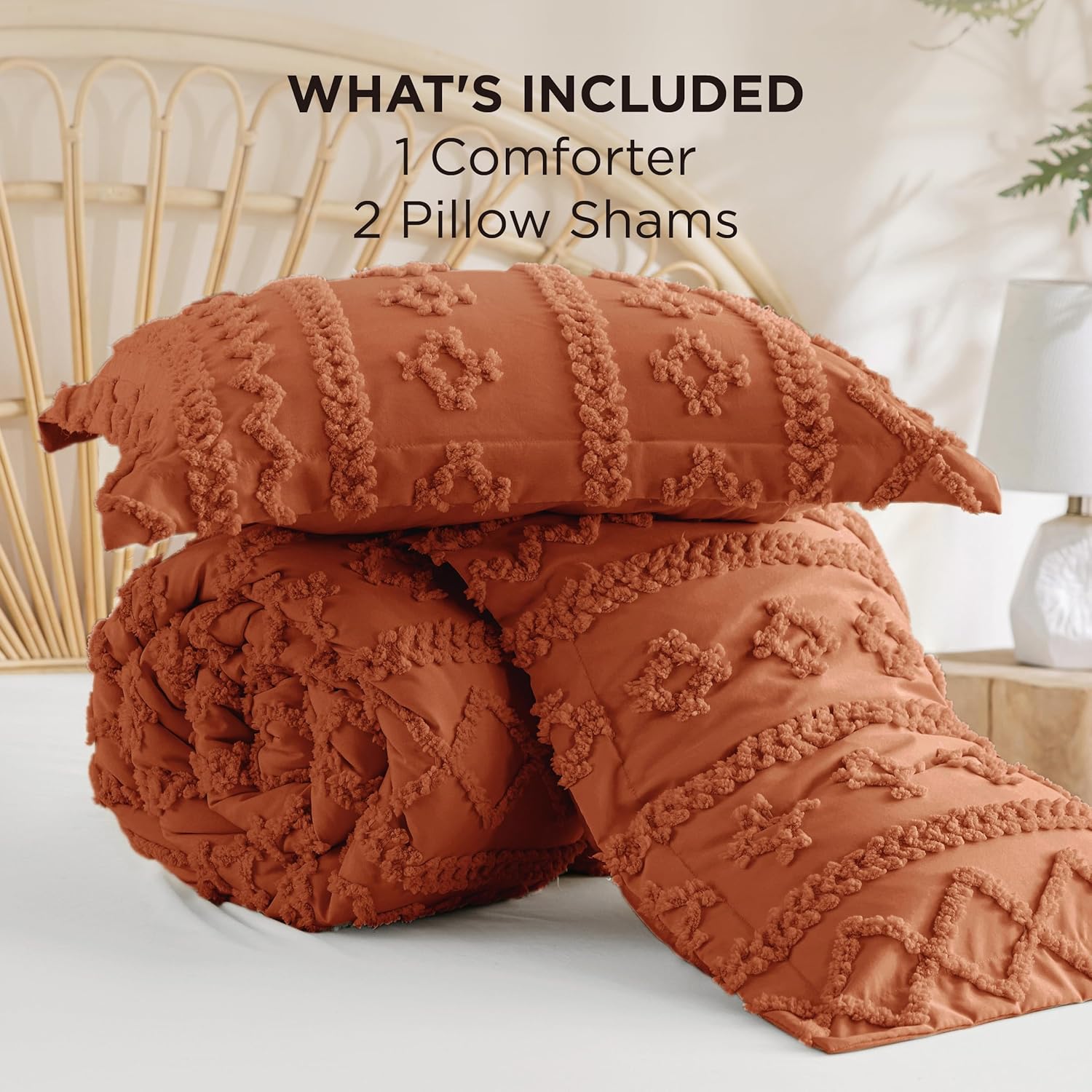 Bedsure Tufted Boho Comforter Set King Size - Terracotta Boho Bed Set, GentleSoft™ 3 Pieces Farmhouse Shabby Chic Embroidery Bedding, Gifts for Woman, Soft Jacquard King Comforter for All Seasons