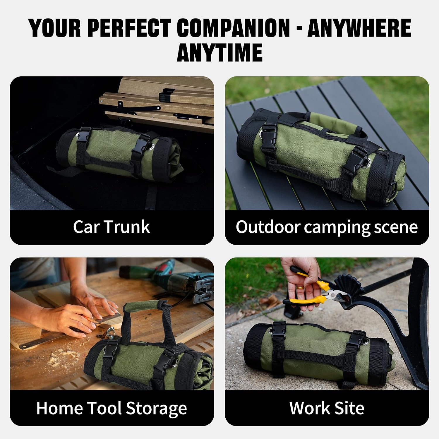 Portable Foldable Roll Up Tool Bag, Heavy Duty Tool Organizer Bag with 5 Compartments & 2 Detachable Pouches for Tools Storage, Waterproof Tool Roll Bag for Dad Men Electrician Mechanic Gifts