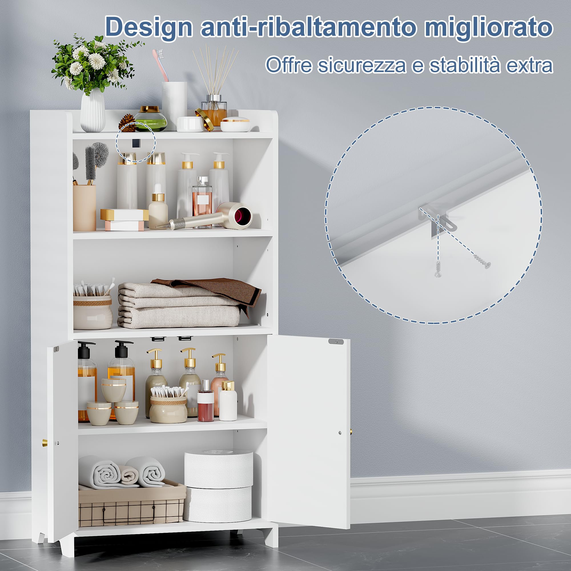 BEWISHOME Mobile da Bagno, Mobile con 2 Porte e Ripiani Regolabili, Mobile Salvaspazio per Bagno, Adatto per Bagno, Soggiorno e Cucina, 30 x 50 x 100 cm, Bianco, EYYG18W