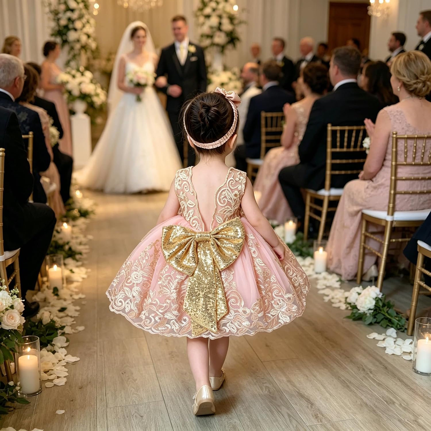 0-6T Big Bowknot Sequins Embroidered Lace Party Tutu Gown Toddler Baby Girls Dress with Headwear