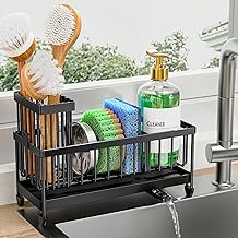 Cisily Sponge Holder for Kitchen Sink, Sink Caddy Organizer with High Brush Holder, Kitchen Countertop Organizers and Storage Essentials, Rustproof 304 Stainless Steel (Black, 9.25&Prime;)