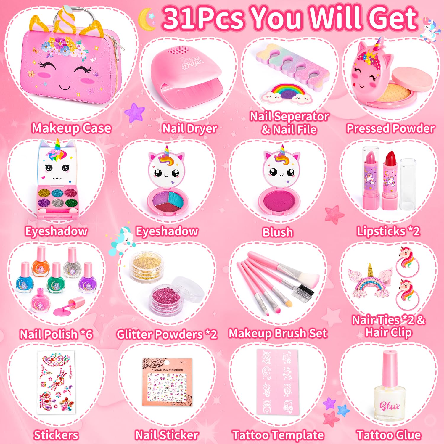Hohosunlar Juguetes de Maquillaje para Niñas, Set Cosméticos Lavable y No Tóxico, Juegos de Salón Manicura, Kit Pintauñas, Regalo de Princesa Cumpleaños Navidad para Niña 3 4 5 6 7-12 Años