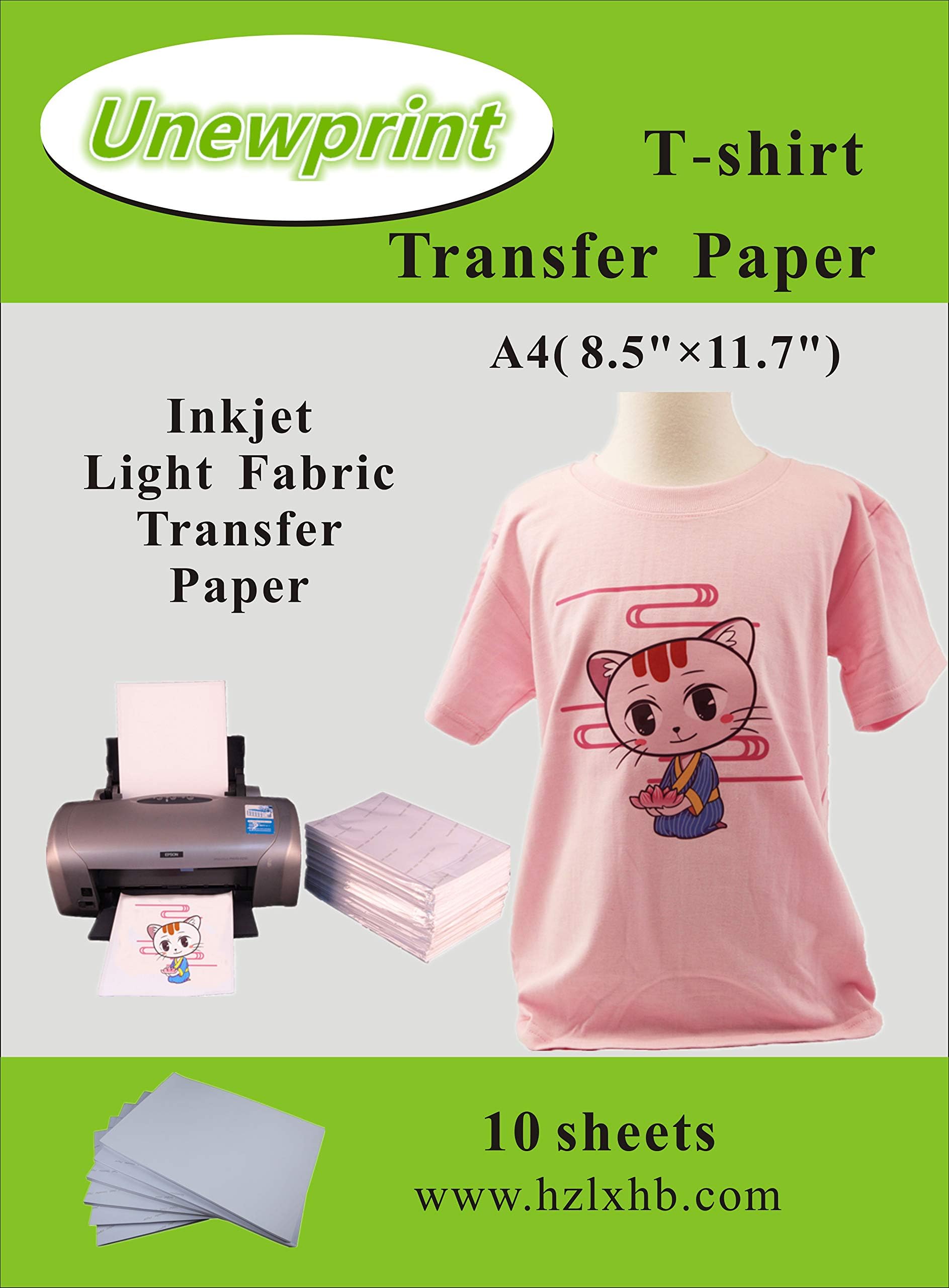 Heat Transfer Paper for Light Fabric, Inkjet Heat Transfer Paper 8.5’’*11’’, Customer Pack 10 Sheets, by Unewprint