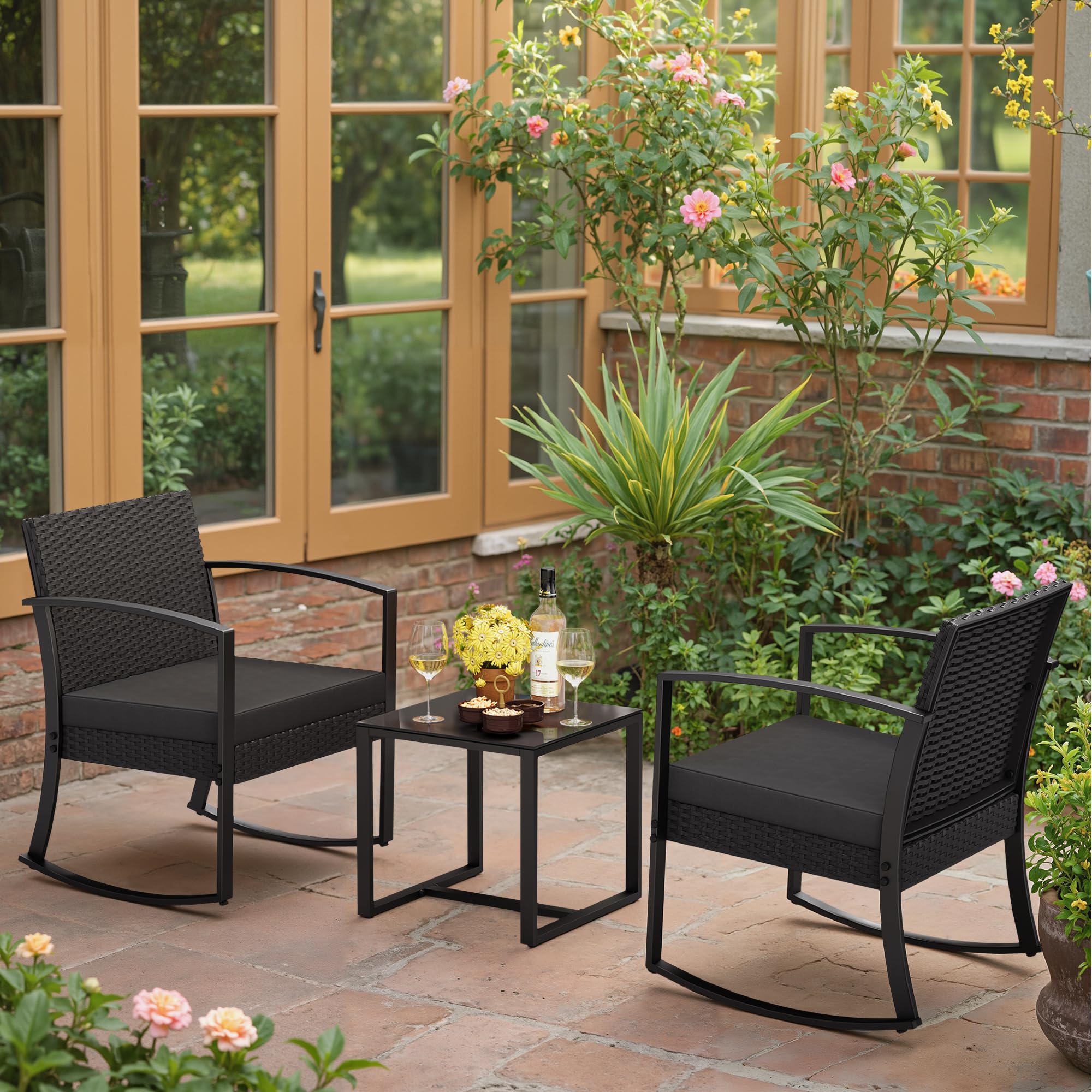 Juego de muebles de exterior de 3 piezas para patio, bistró, mecedoras con mesa de centro de cristal para piscina, playa, patio, balcón, porche, terraza, jardín, color negro 5