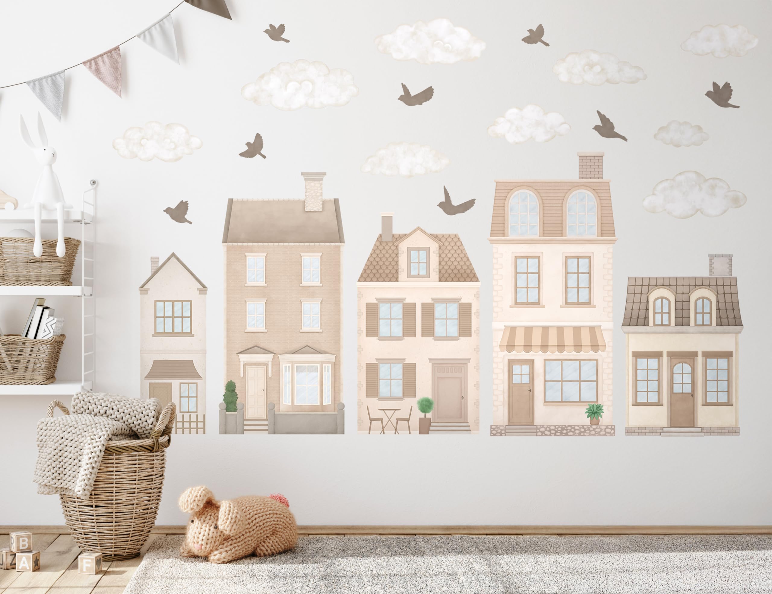 Adesivo da parete per bambini - Adesivo da parete per cameretta - atossico, potente - set 22 pezzi, cottage, case a schiera, casa a schiera parigina, città - Marrone, Beige