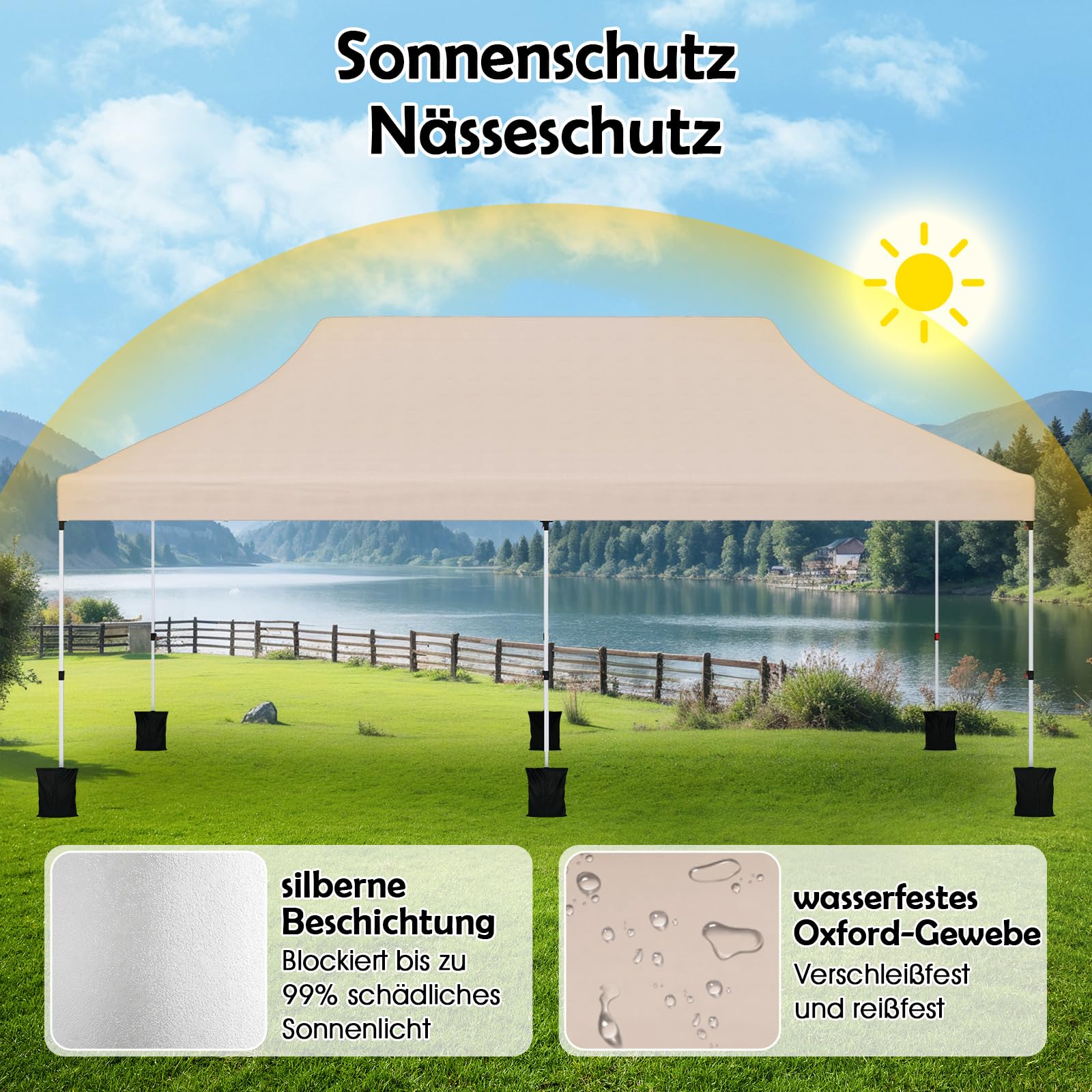 RELAX4LIFE Pavillon, Pop Up Faltpavillon 3x6m, Partyzelt Wasserabweisend & Stabil, Gartenzelt Höhenverstellbar, UV-Schutz 50+, Gartenpavillon Faltbar mit Tasche (Beige)