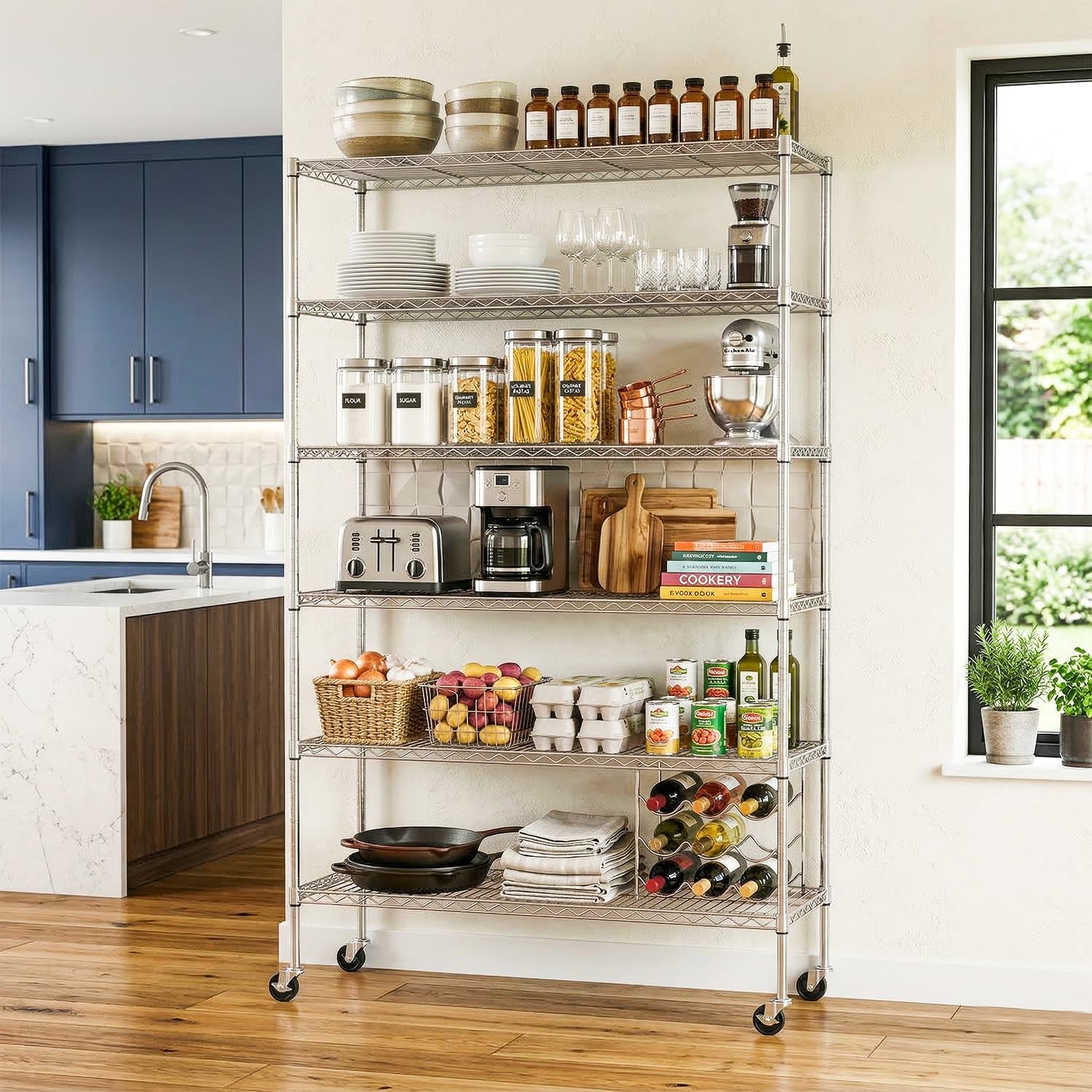 BestOffice | 6-Tier Wire Shelf with Wheels | 45"x18"x82" | Chrome | Adjustable Racks | Heavy-Duty Storage Shelves, Holds Upto 510 lbs | Rust-Resistant, No-Tool Assembly | for Home, Garage Shelving
