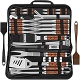 38 Stücke BBQ Grillbesteck Set Edelstahl Grillzubehör für Männer Geschenk Geburtstag Hochwertiger Grillutensilien Set Koffer mit Grillkoffer und Grillmatte für Garten und Camping Braun