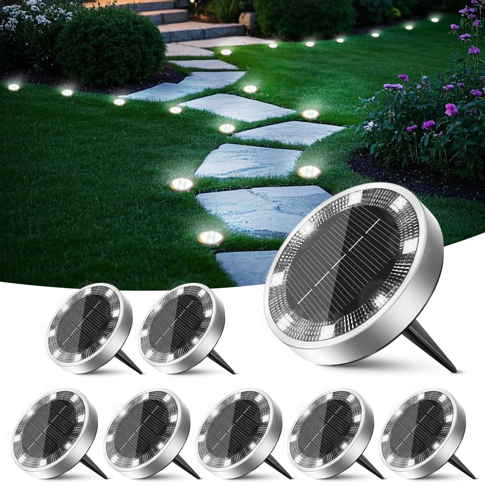 Peasur 12 Paquetes Luces Solares LED Exterior Jardin Suelo,8 LED Luz Solar Exterior Jardin, IP65 Impermeable Luces Solares para Patio, Camino, Césped, Blanco Frío — view 17