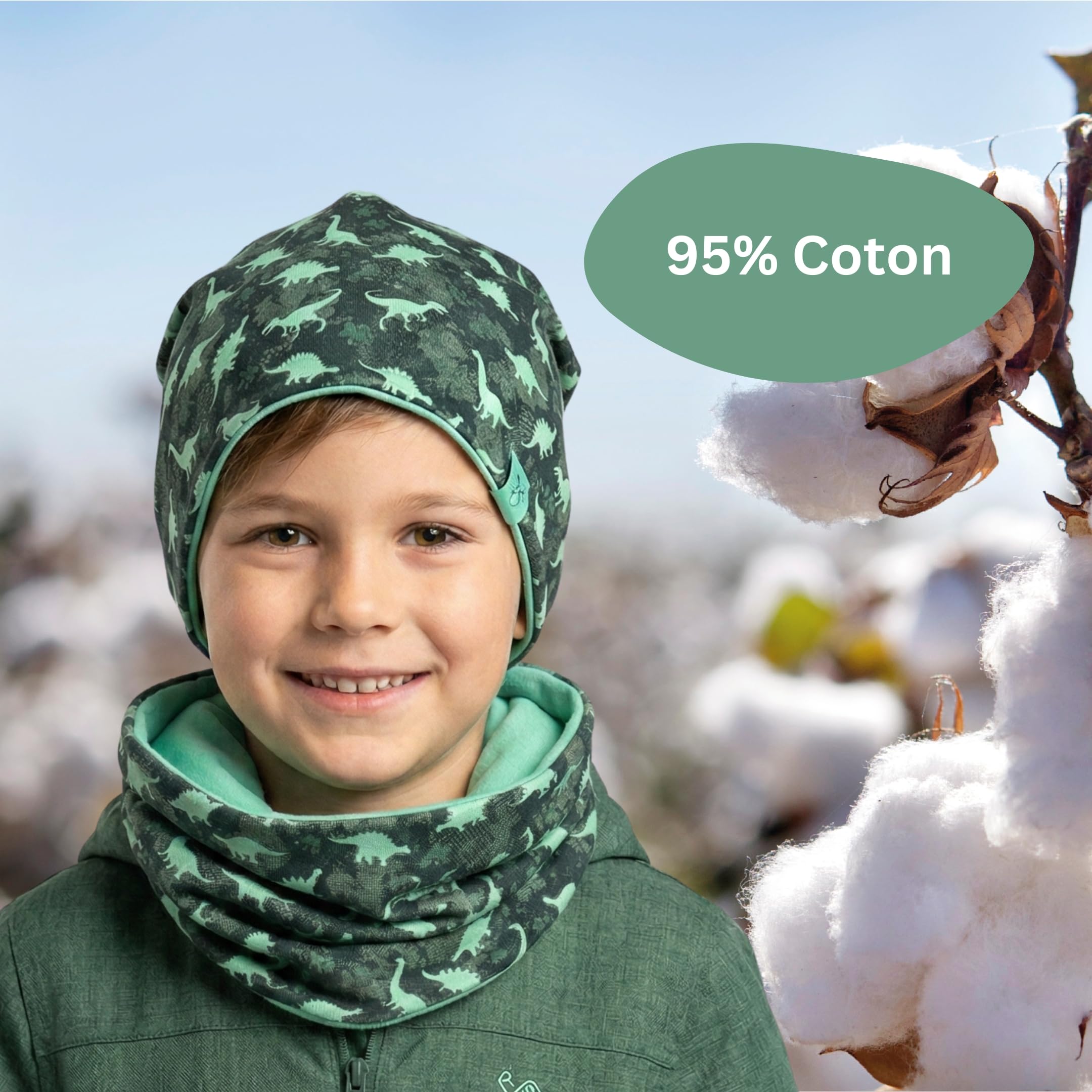 HECKBO Ensemble bonnet beanie et tour de cou pour enfants – intérieur en polaire ou jersey (réversible) – unisexe filles/garçons – 95% coton – pour l’automne, le printemps et l’hiver