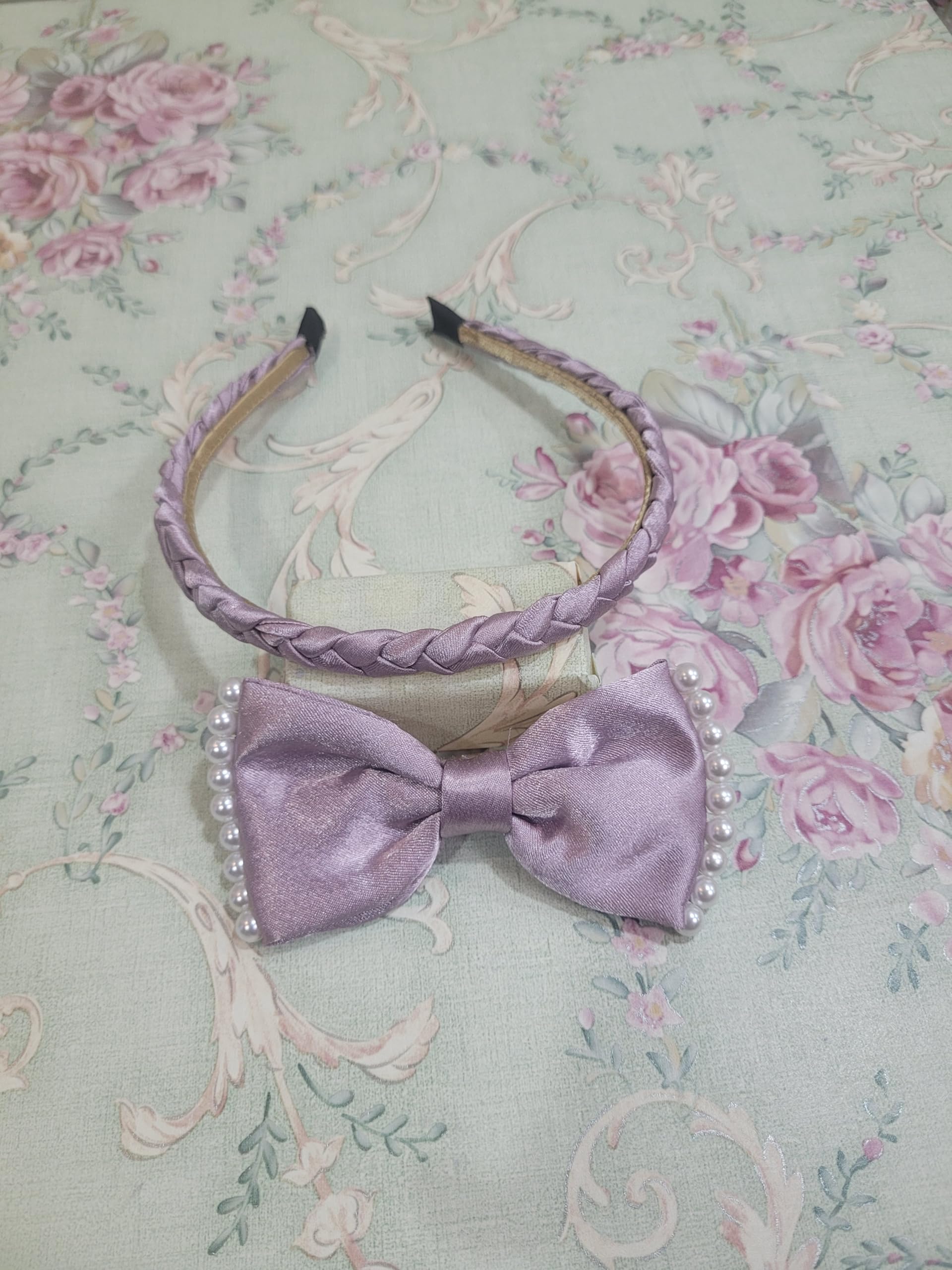 Lavender Satin Bow Hair Clip with Pearl Embellishment and Braided Headband, Elegant Hair Accessory-image-9