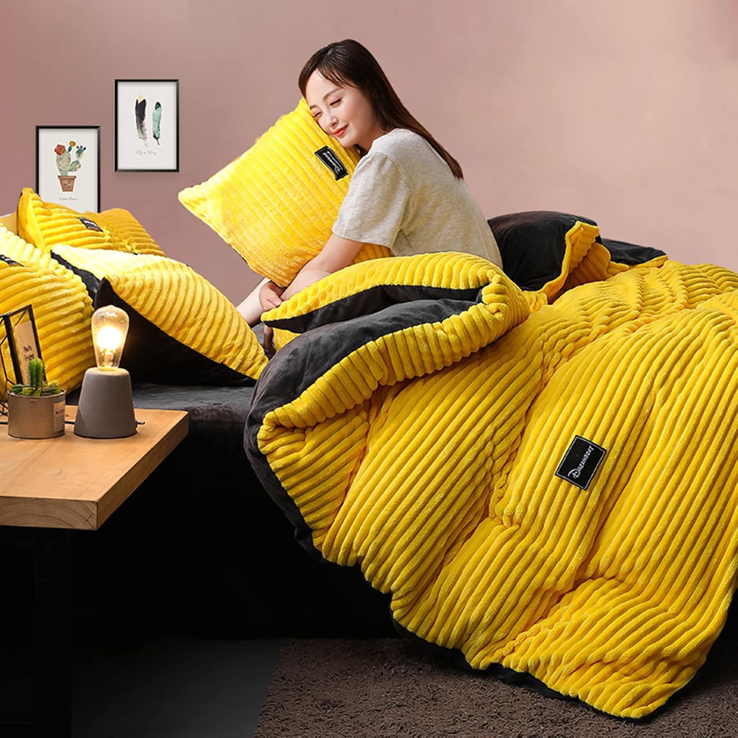 Queen Duvet Cover Set,Single Quilt Cover Corduroy Soft Comforter Cover Full Size Duvet Covers Bedding Sets Crystal Velvet 4 Pieces-Yellow Queen:220x240cm(86.6x94.5)