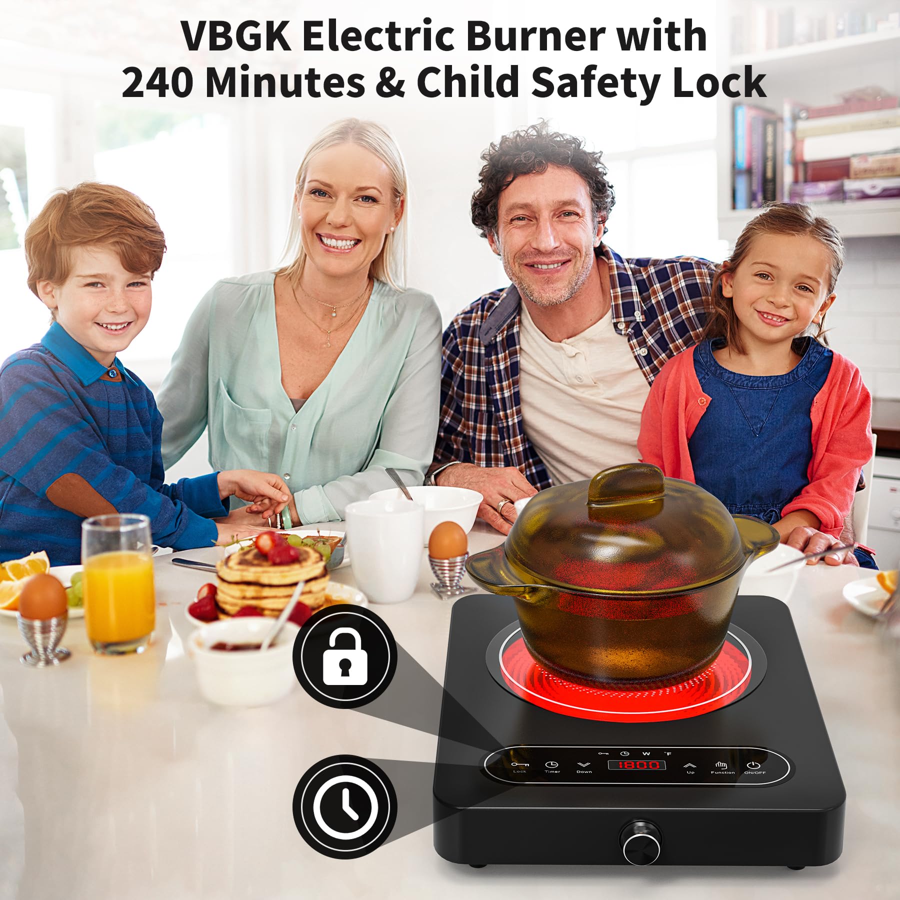 Single Burner Electric Cooktop, 110V 1800W Electric Cooktop with LED Touch Controls and Knob Controls, 10 Power Levels, 4-Hour Timer, Safety Lock, Single Burner Overheat Protection 2