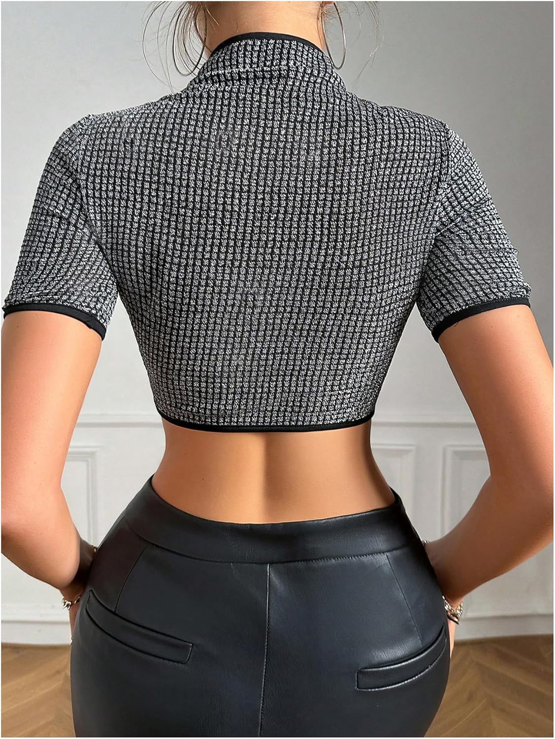 MakeMeChic Women's Crop Tops Glitter Cut Out Short Sleeve Mock Neck Y2K Party Club Tee Shirts - Image 3