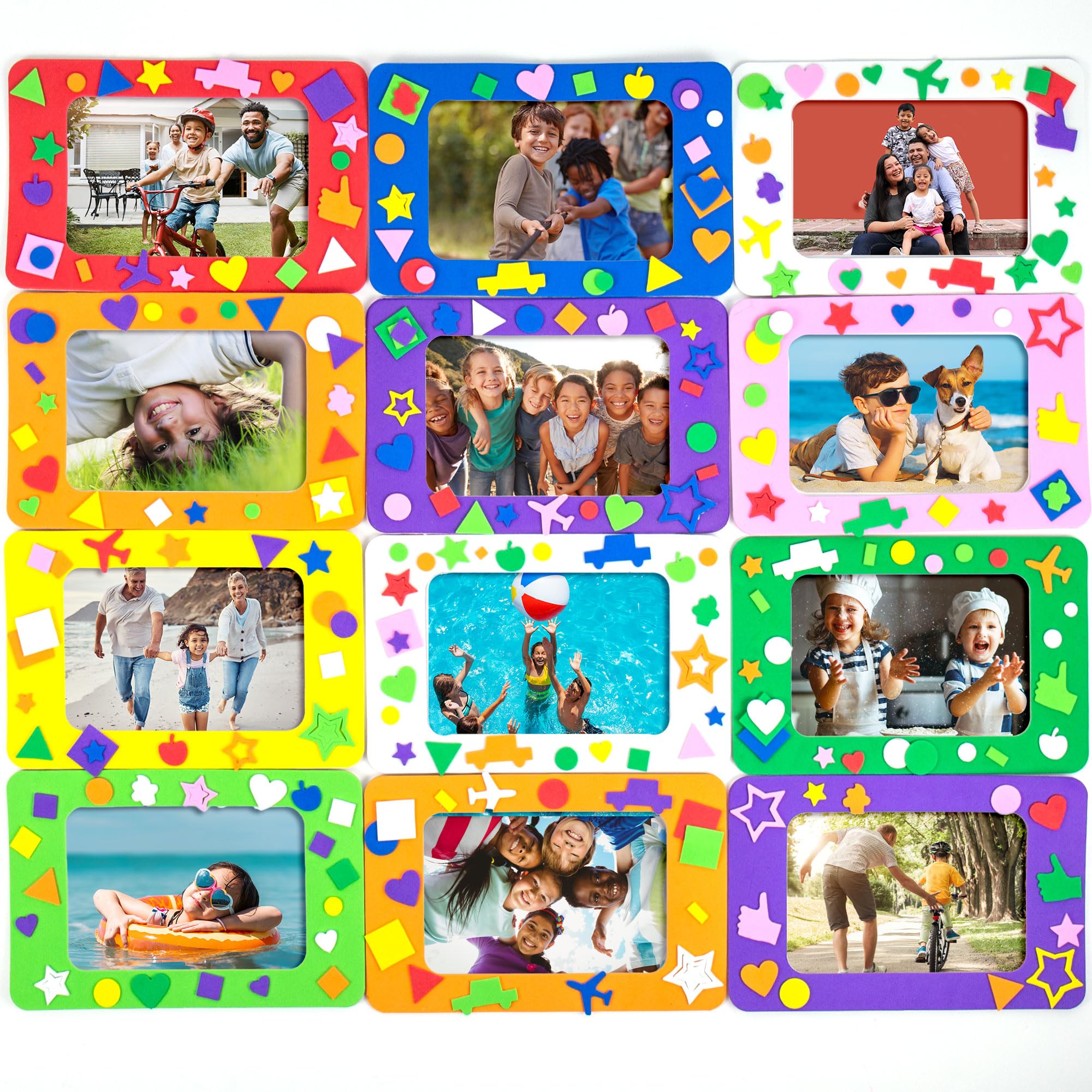 Horizon Group USA DIY Foam Picture Frame Craft Kit, 12-Pack of 4x6-Inch Colorful Picture Frames with 500+ Punch Out Stickers & Easels, Back to School Arts & Craft Activity, Perfect for Projects