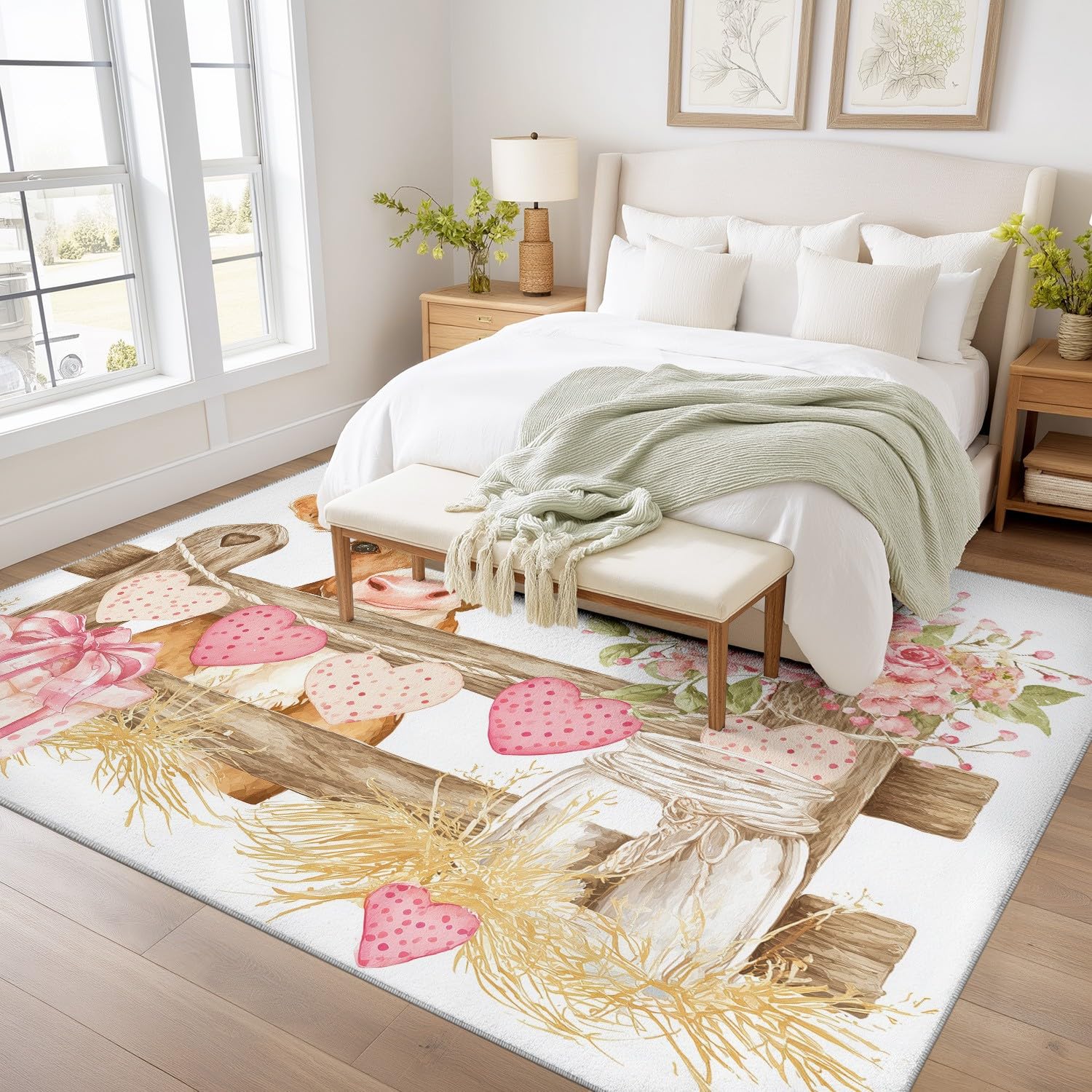 Tapis Vache Roses cœurs de Salon Lavable à Poils Ras 80 x 150 cm