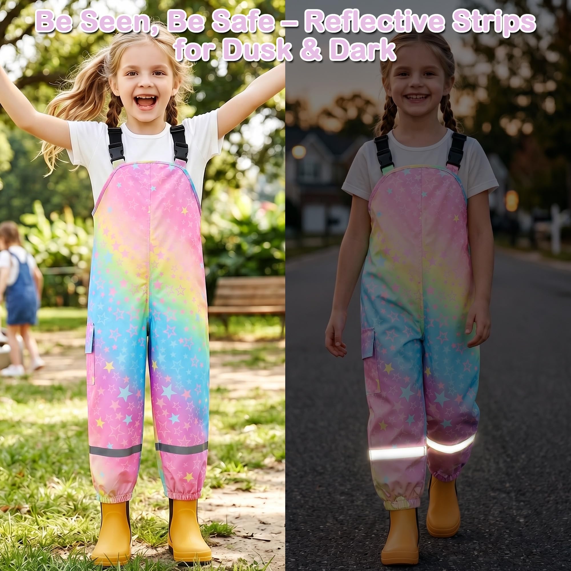 Kinder Regenlatzhose Matschhose Mädchen Jungen Wind-und wasserdichte Buddelhose Ungefüttert Regenhosen mit Reflektor Atmungsaktiv Leicht Dünn Outdoor Hose Latzhose Regenbekleidung GR.86-140