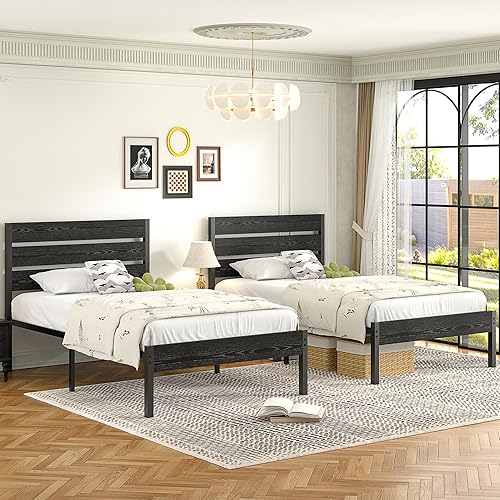 VECELO Juego de 2 marcos de cama tamaño individual con cabecera y estribo de madera, marcos de plataforma resistentes con sistema de soporte de