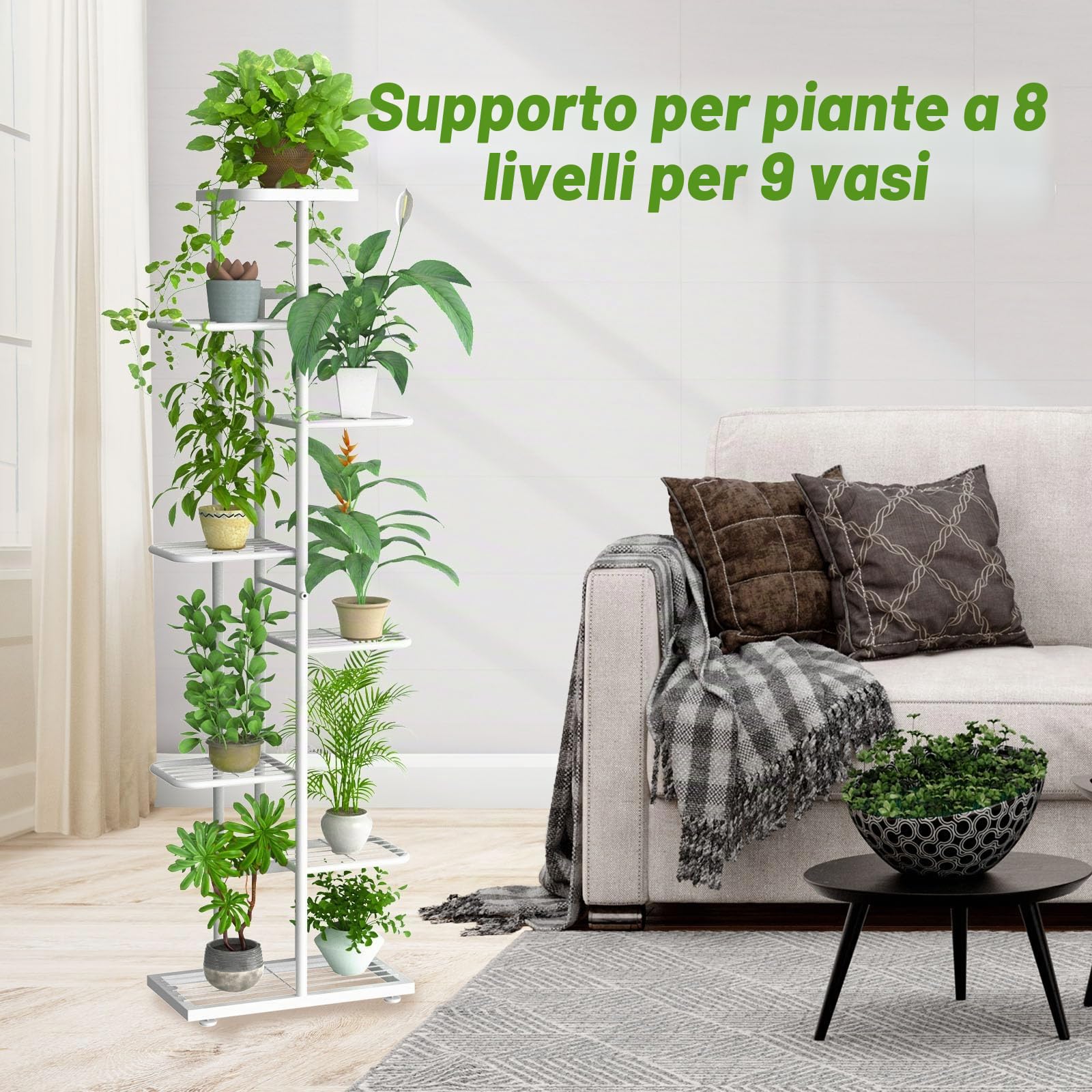 8 Livelli Porta Piante da Interno Esterno con Attrezzi da Giardino e Guanti, 141cm Supporto per Piante Fioriera in Metallo Scaffale Angolare Piedistallo per Piante Vasi da Balcone, Bianco