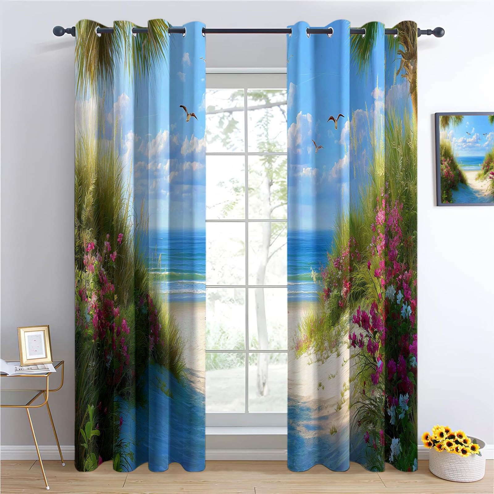 Genérico Zasłony 110 x 215 cm z przelotką 2 panele Anime plaża ptaki wydmy piaskowe zasłony zaciemniające zasłony okienne draperie dzieci chłopiec dziewczyna sypialnia i salon zasłony ciepłe