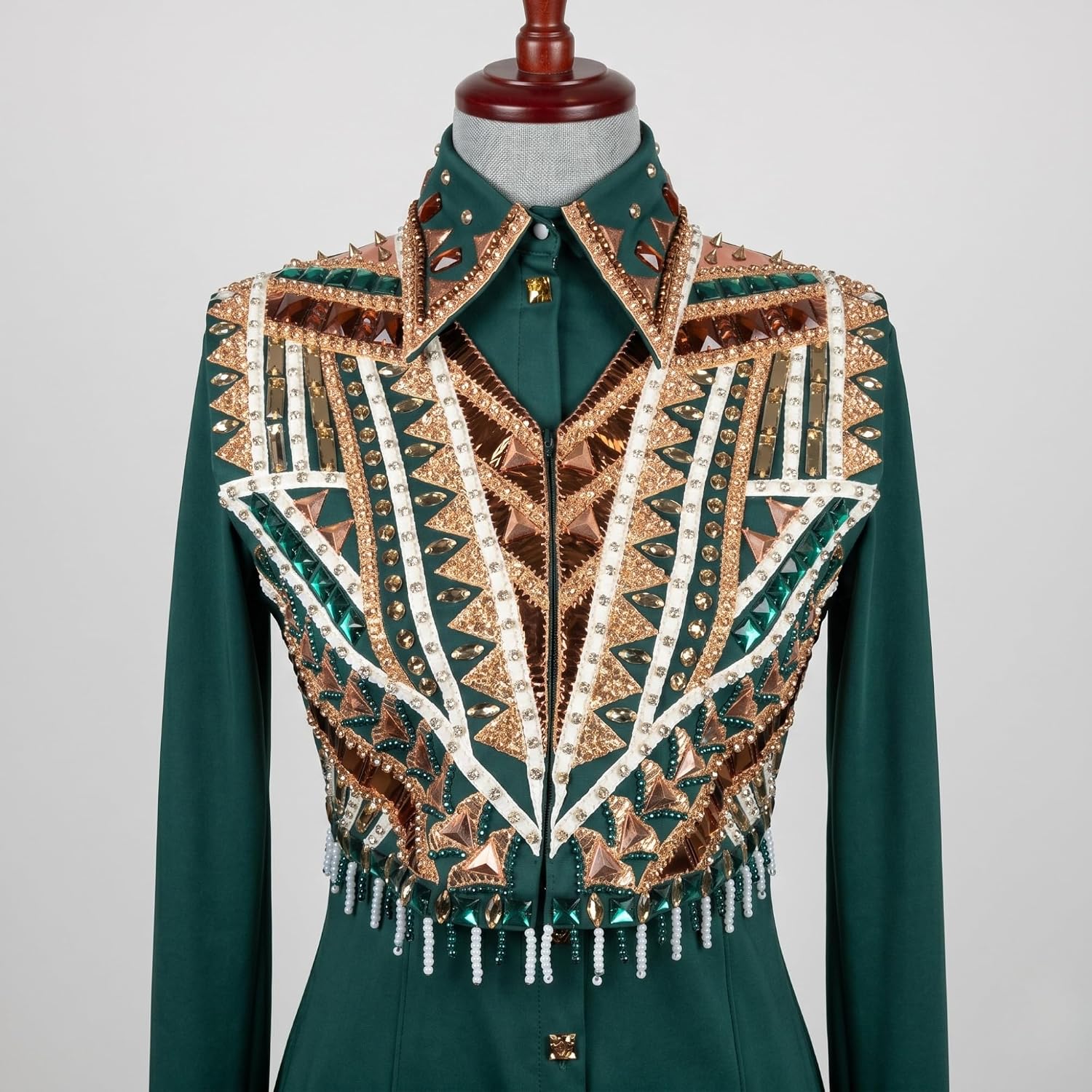 Women’s Western Show Jacket (Bolero) Green – Equestrian Riding Coat with Crystal Panel & Tassel Detail
