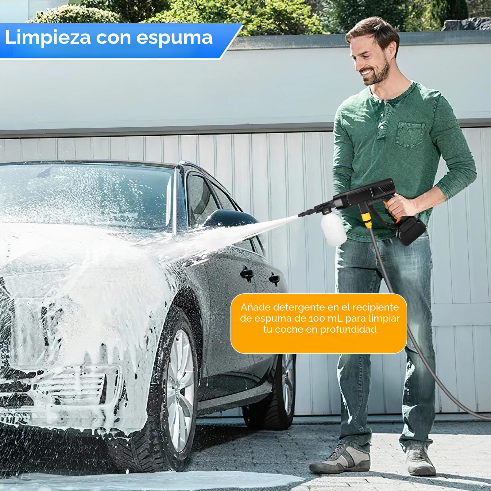 Limpiador de alta presión con batería, pistola de agua portátil y boquilla ajustable 6 en 1, manguera de 5 m, 2 limpiadores de alta presión 4000 mAh para coches, suelos