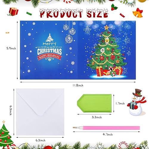 Miniatura 6 de Clabby 12 tarjetas de Navidad con pintura de diamantes por número, kit de tarjetas de felicitación 5D, arte de taladro redondo para adultos,