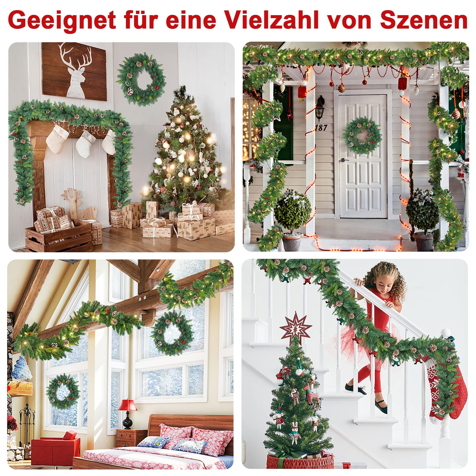 Aufun Weihnachtsgirlande mit Beleuchtung Deko 5m 75LEDs Innen Außen Weihnachtsdeko Tannengirlande Warmweiß Beleuchtet (500cm, Tannenzapfen Rote Beere)