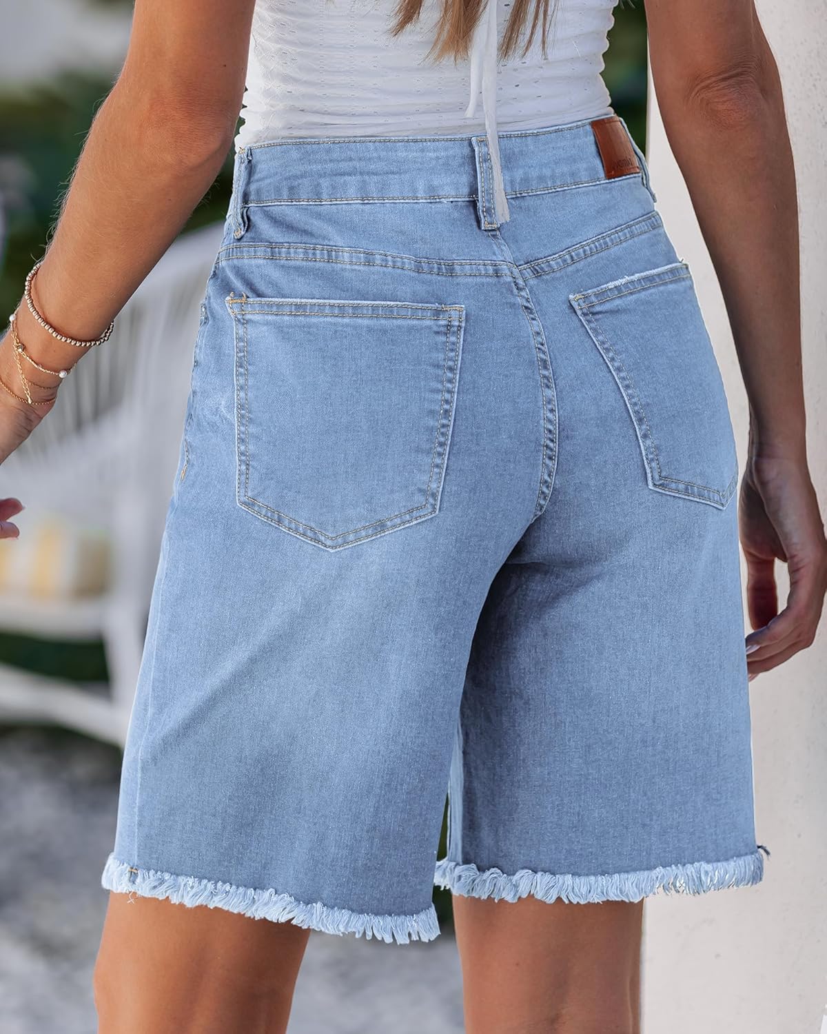 luvamia Jean Bermuda Shorts for Women Trendy Mid Rise Raw Hem Knee Length Stretchy Denim Long Shorts Summer Casual Jorts - Image 3
