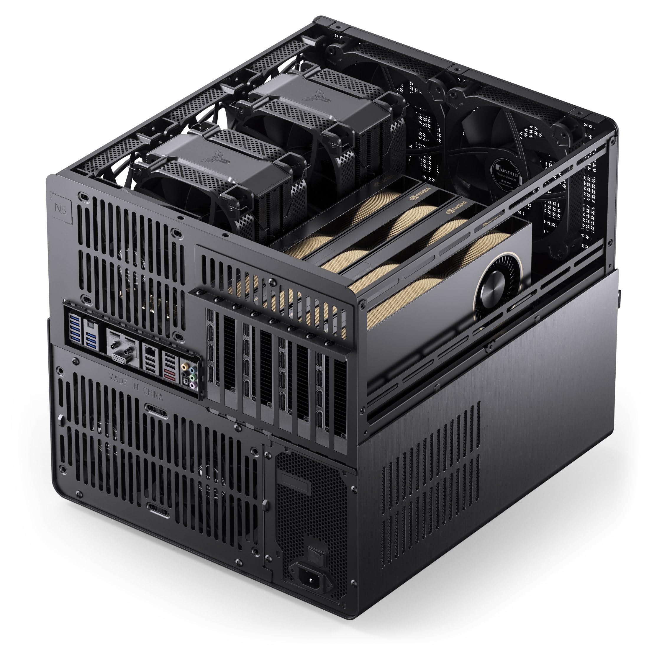 Jonsbo N5 NAS Case – Case a cubo E-ATX con spazio per 16 unità, 8 slot, design a rete, finitura in legno, USB-C, ideale per NAS e workstation, nero