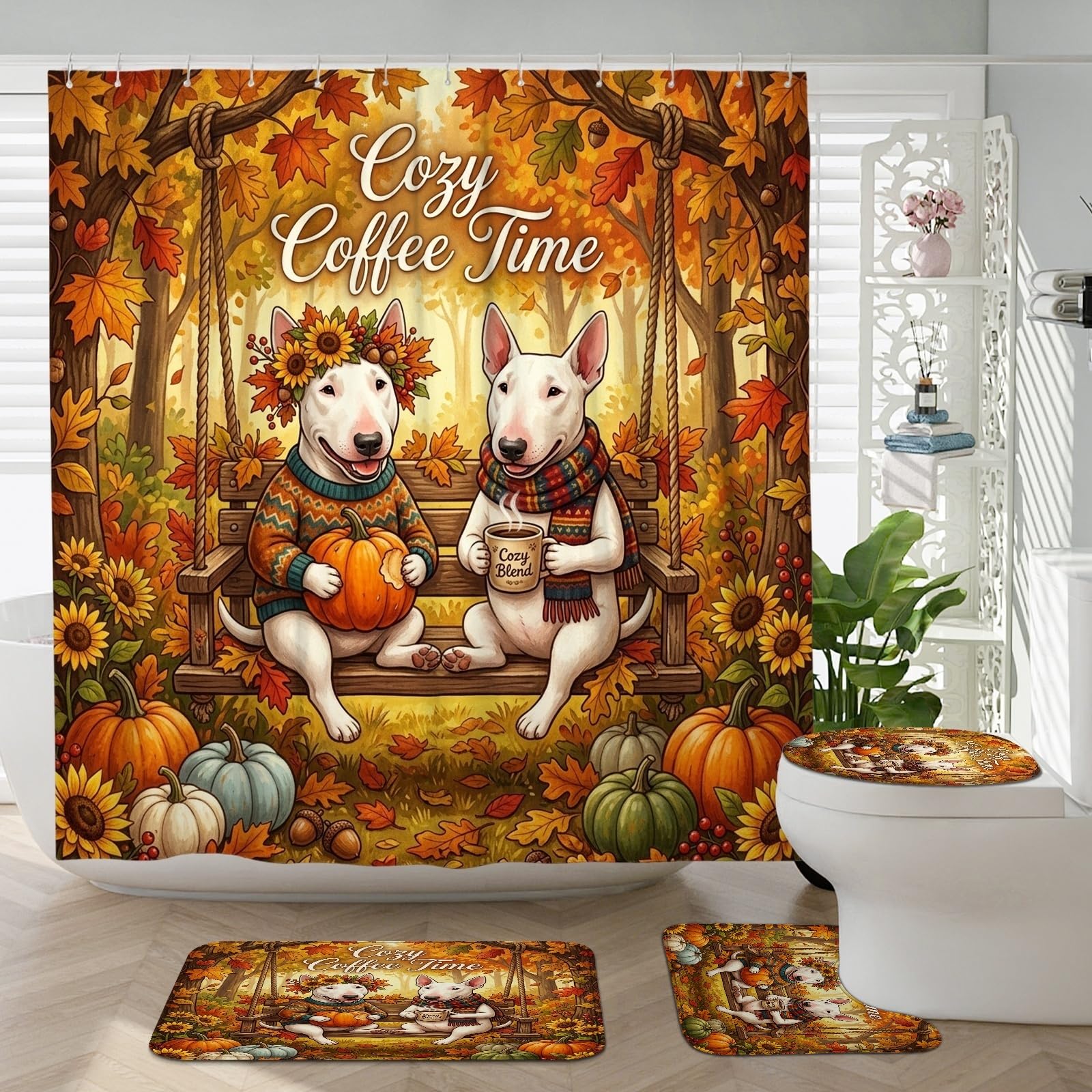 Ensemble rideau de douche citrouille d'automne et tapis assortis