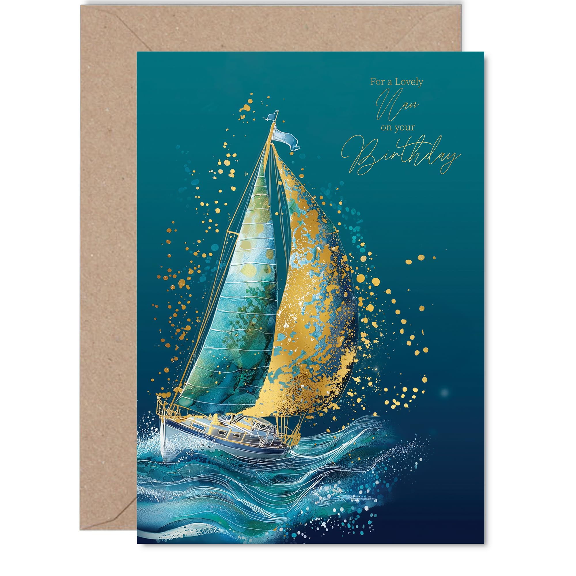 Gold Nan Birthday Card - Ocean Waves Sailboat - Happy Birthday Card for Nan from Grandson Granddaughter, 5x7 Inch Golden Nautical Seaside Maritime Bday Greeting Cards