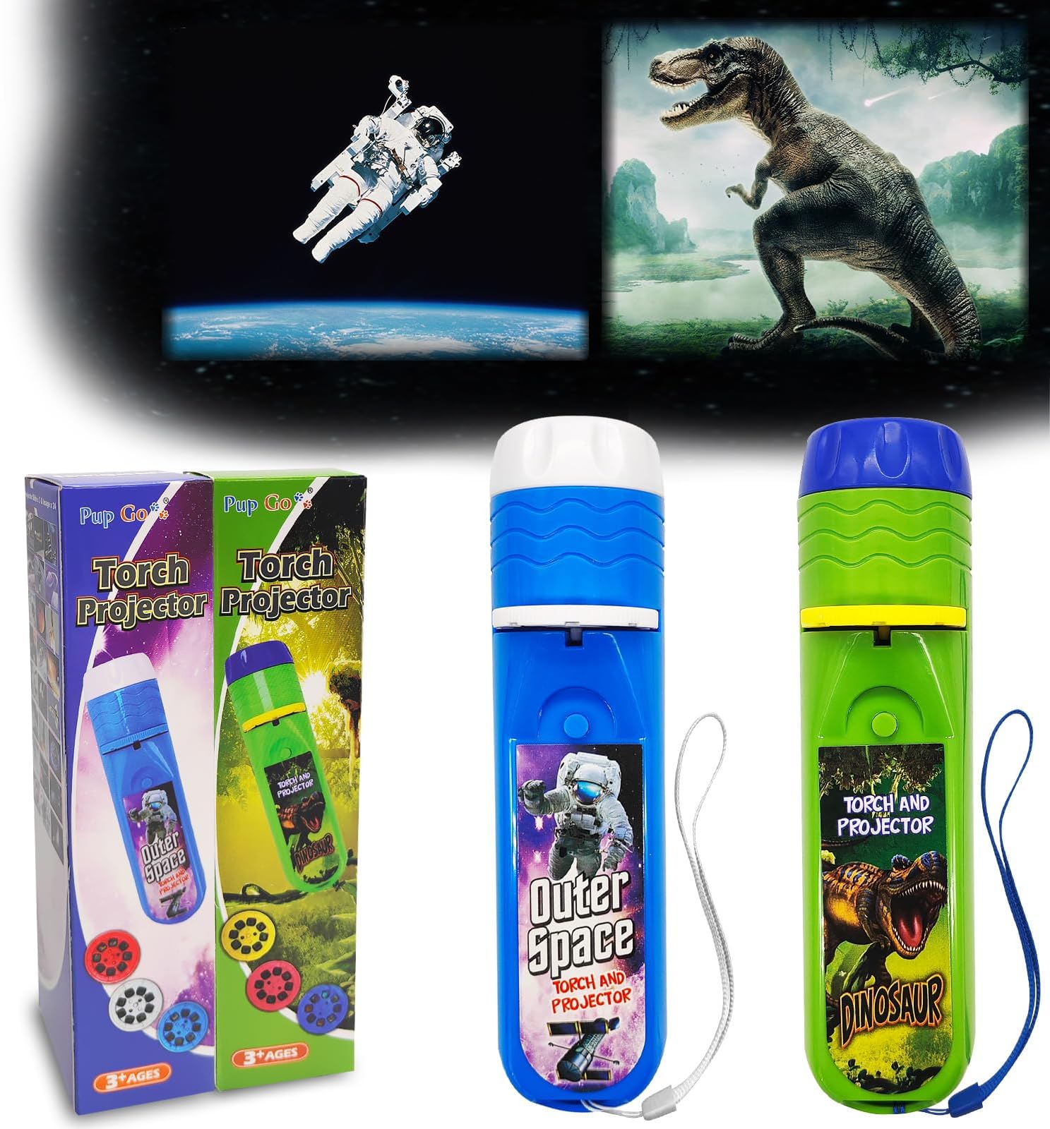 2-Pack Dinosaur & Outer Space Torch and Projector for Kids Ages 3+ Years Old, 6 Discs and 48 Images, Dinosaur Toys for Boys, Cool Kids Torch, Educational Science Kits for Toddlers and Children