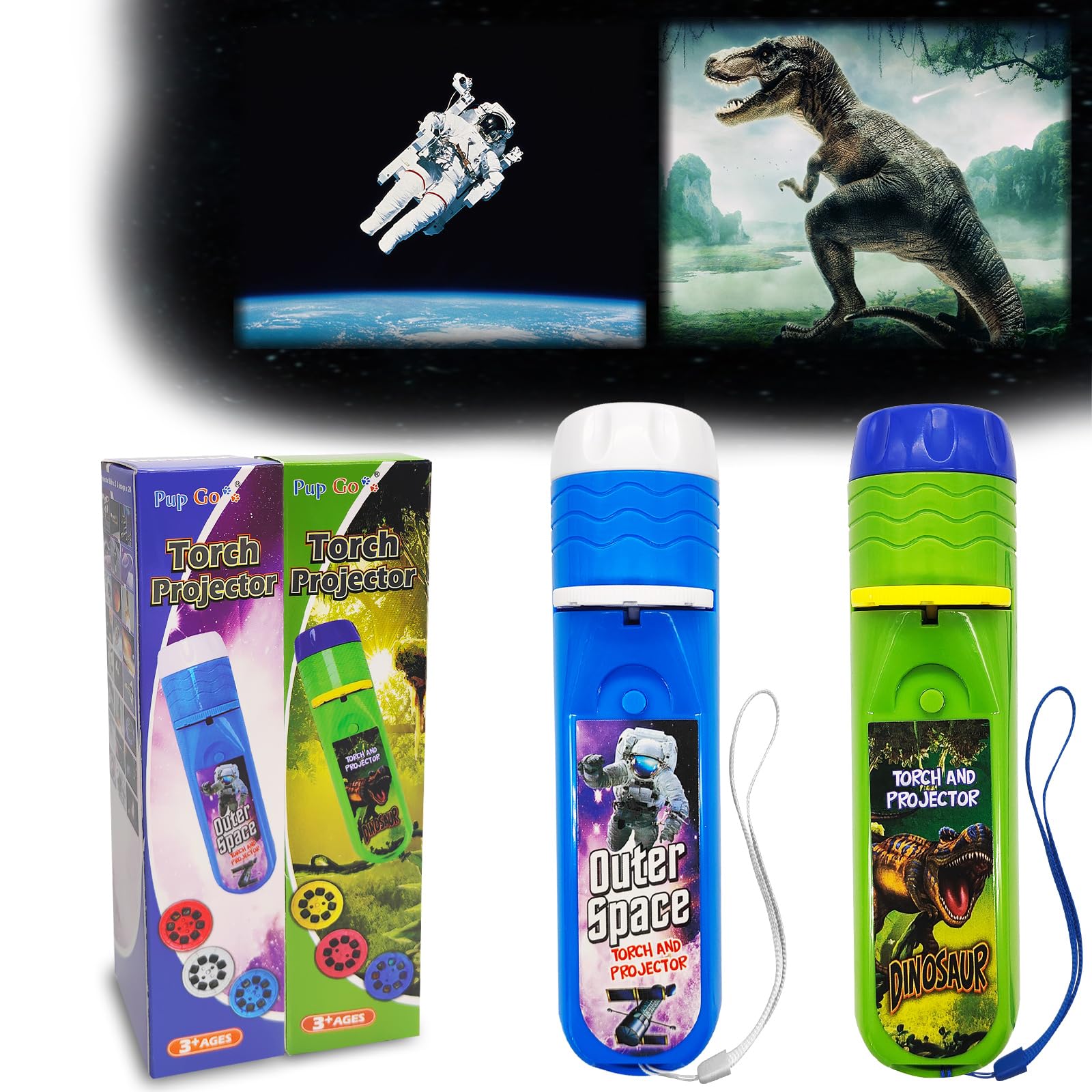 Photo 1 of Pup Go 2-Pack Dinosaur & Outer Space Torch and Projector for Kids Ages 3+ Years Old, 6 Discs and 48 Images, Dinosaur Toys for Boys, Cool Kids Torch, Educational Science Kits for Toddlers and Children