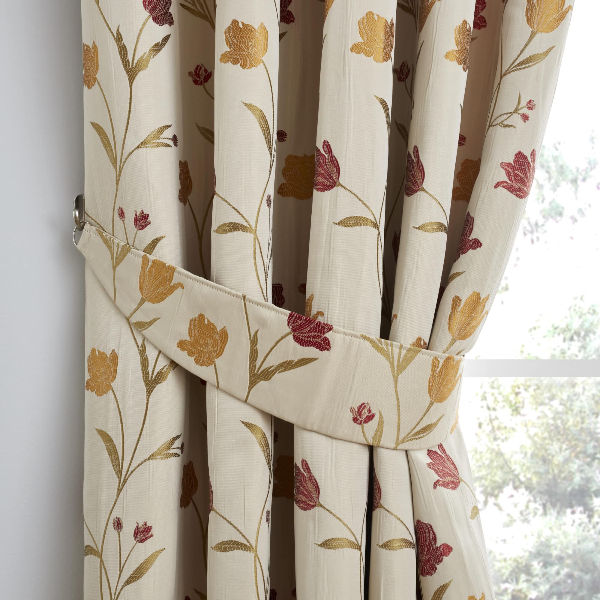 Curtina Natural/Red - & Floral Curtain Tie Backs - Cream Curtain Tiebacks - Floral/Botanical Curtains Holdbacks - Flower Tie Backs - Vintage/Traditional Tie Backs
