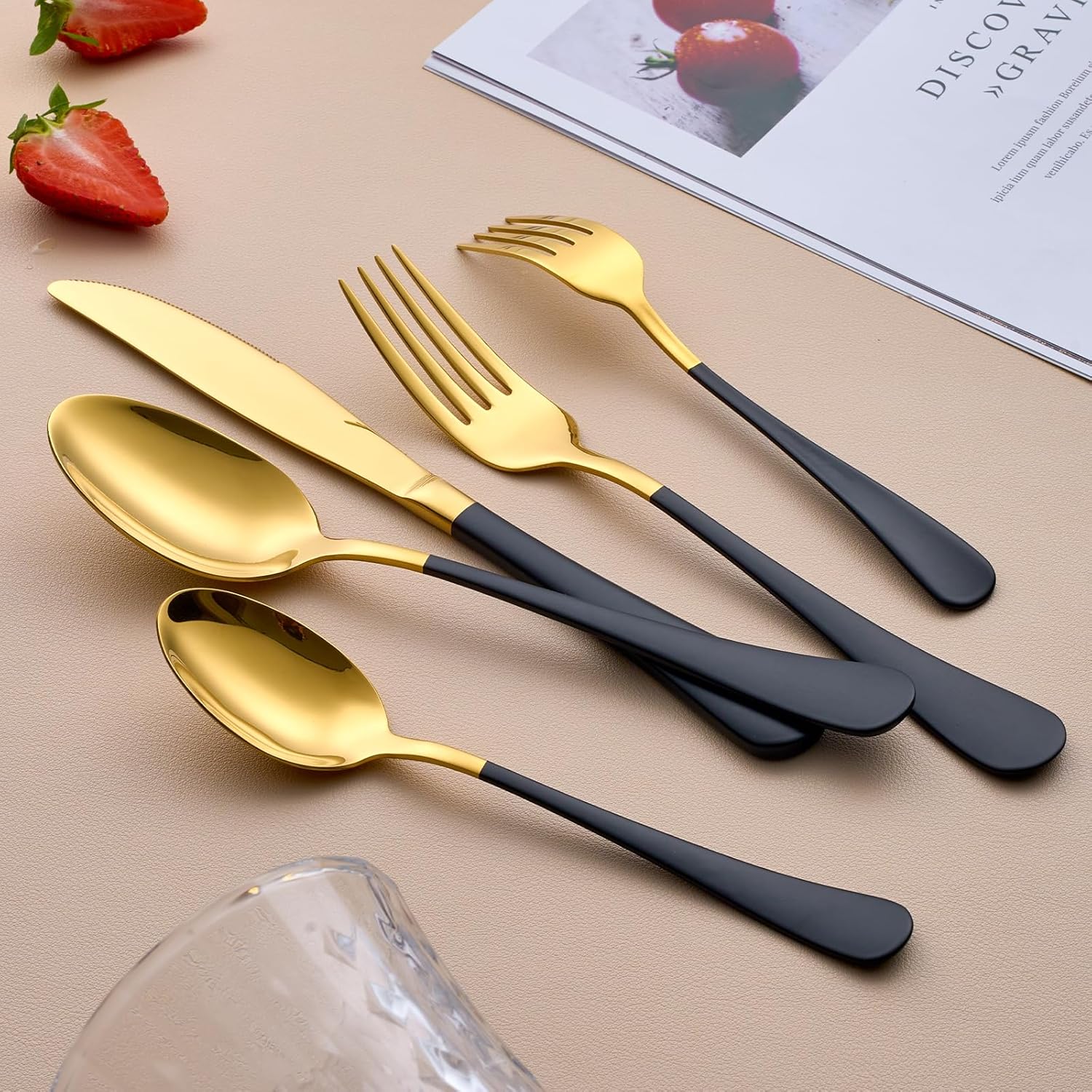 20-Piece Gold and Black Silverware Set for 4, 18/0 Stainless Steel Flatware Cutlery Utensils Set, Include Dinner Knives,Dinner Forks,Dinner Spoons,Salad Forks,Teaspoons,Dishwasher Safe