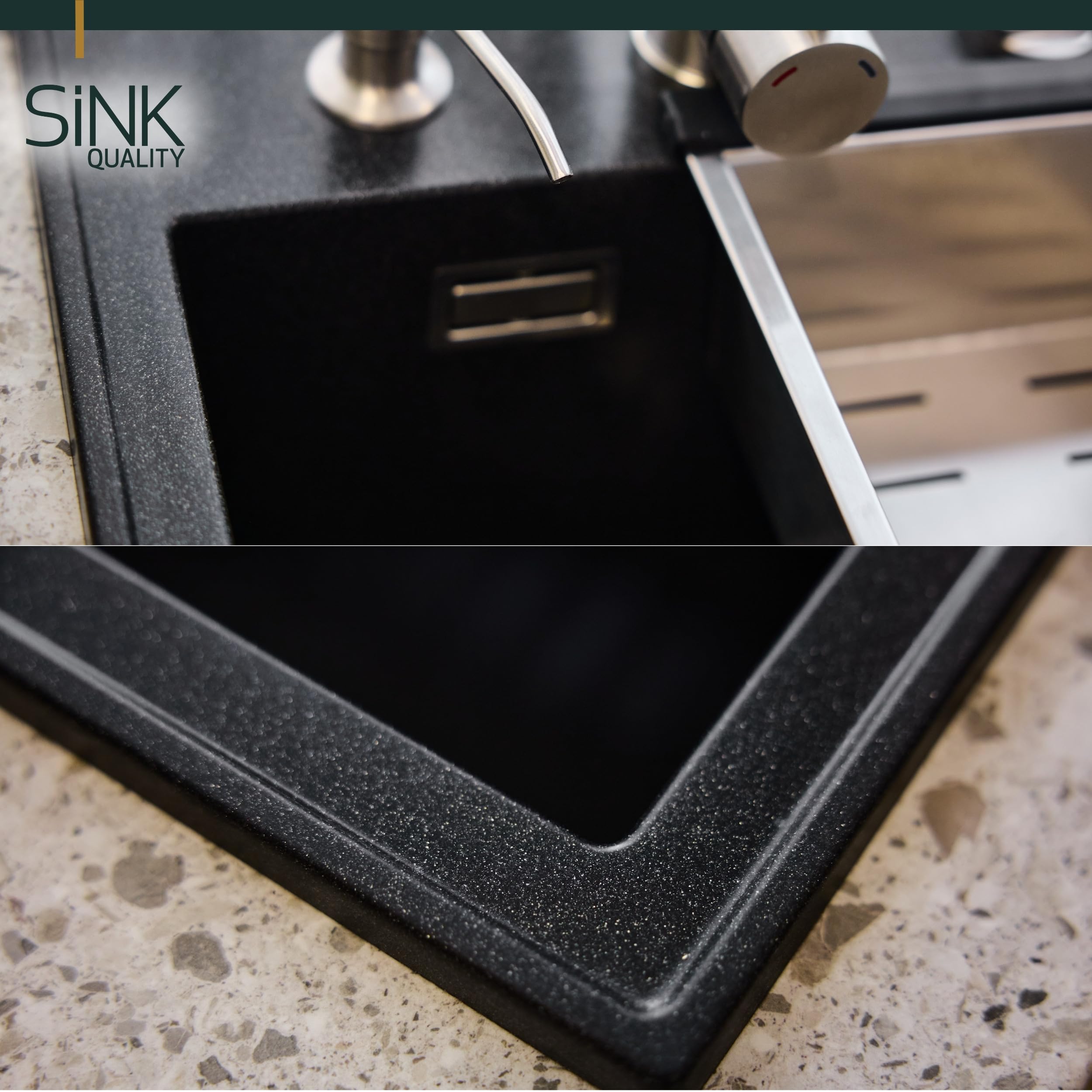 SINK QUALITY Zlewozmywak z granitu, czarny, nakrapiany, 40 x 50 cm, syfon i impregnacja, bez ociekacza, mały zlew kuchenny, do dolnych szafek od 40 cm szerokości