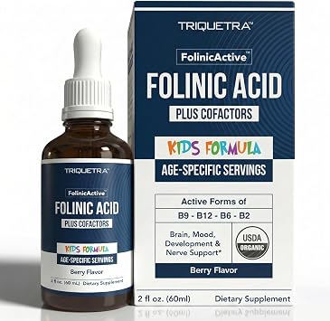 Organic FolinicActive Kids - Folinic Acid + B12, B6 & B2 Cofactors - Gentle Methylation Support for Mood, Energy & Cognition, Age Adjustable Dosing for Kids 1-18, Non GMO, Vegan, Berry Flavor (60mL)