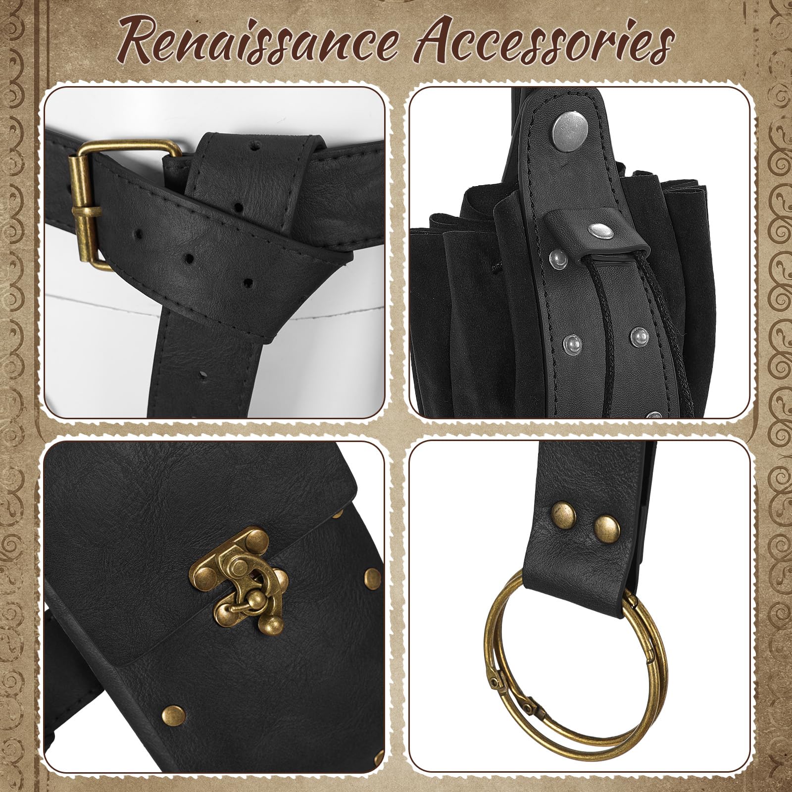Joyincoser 4pcs Viking Costume Men's Medieval Belt Bag Belt Bag Pirate Steampunk Accessories for Halloween Carnival Renaissance Cosplay LARP (Black) - Image 3